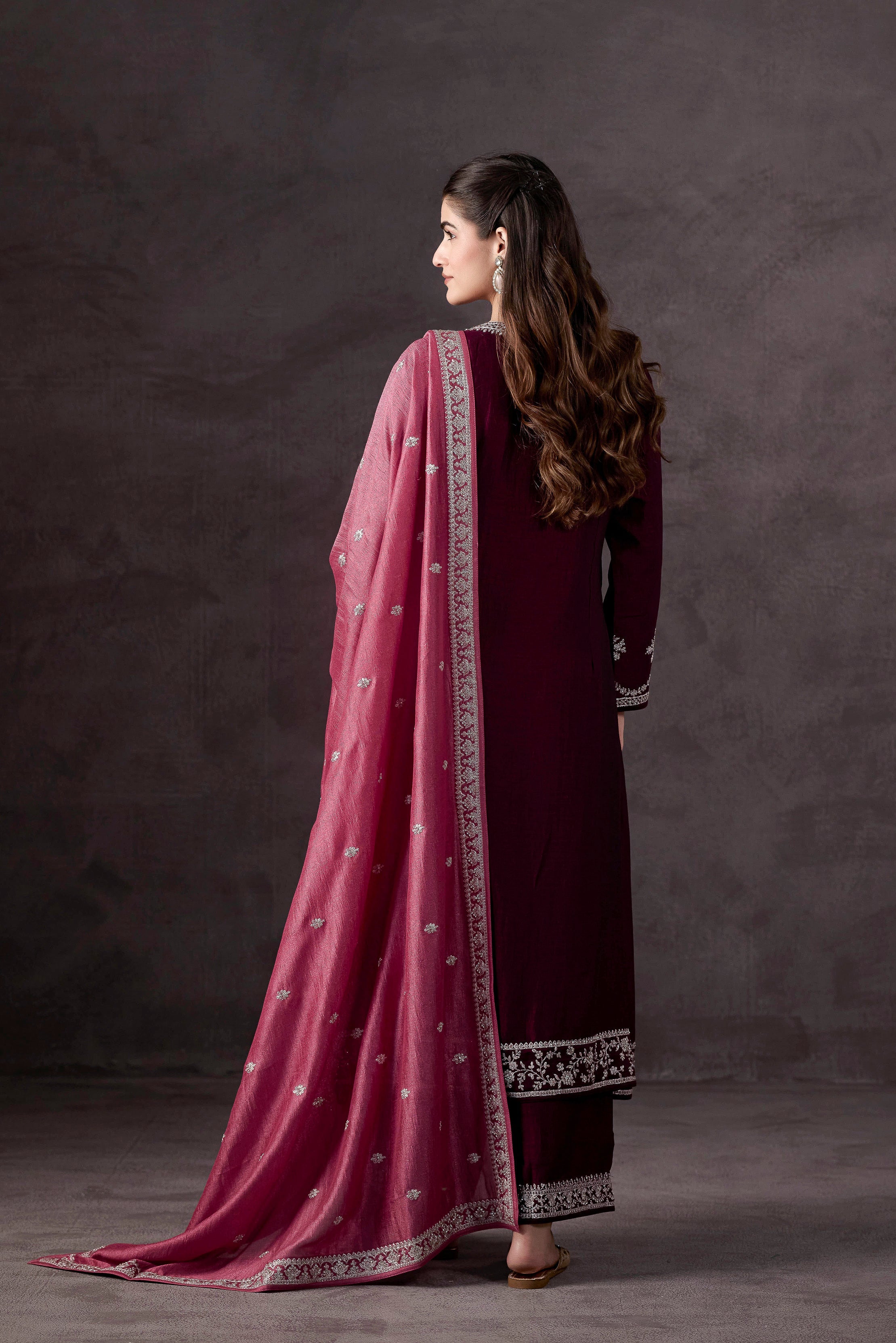 Wine Embellished Raw Silk Pant Set