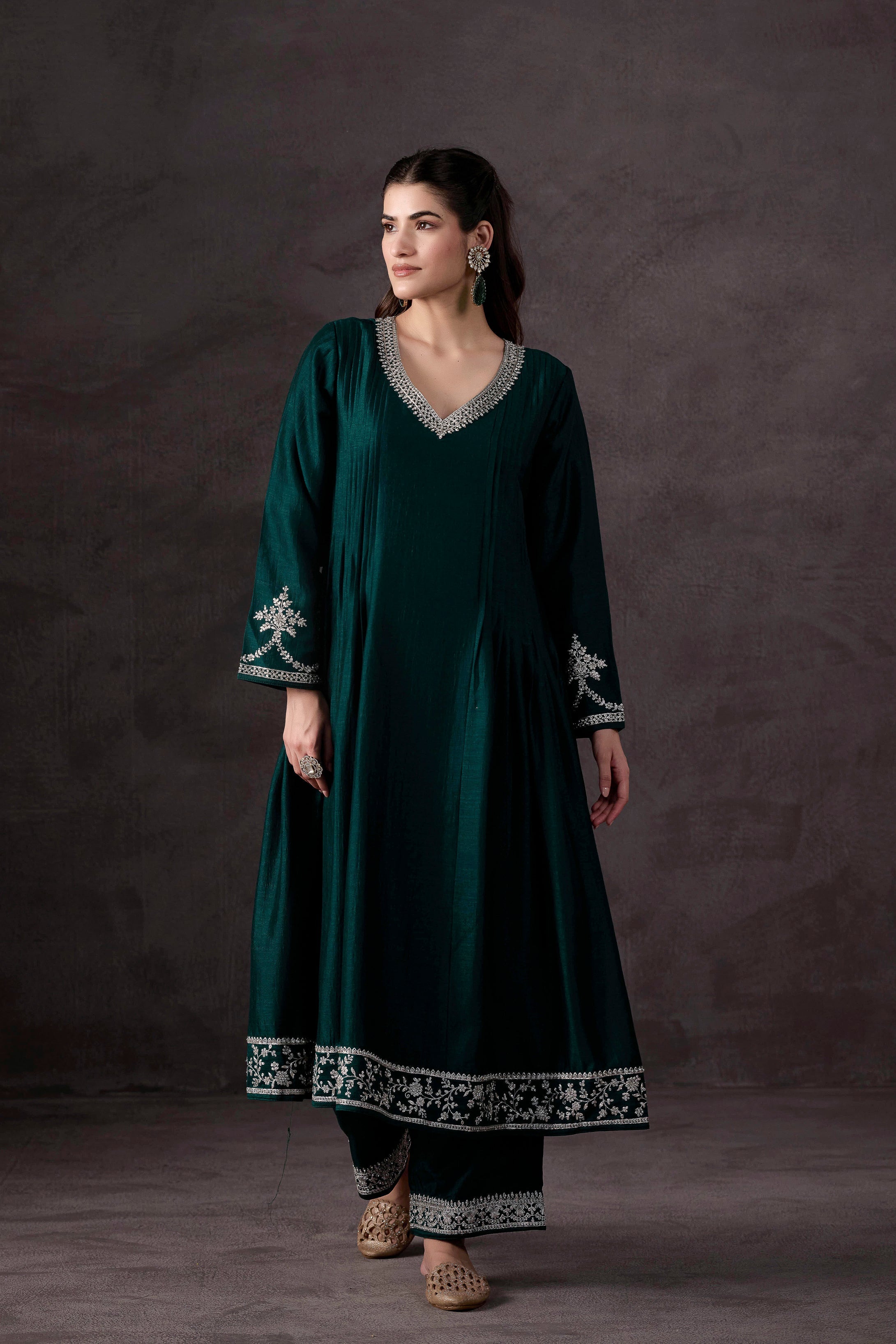 Teal Green Embellished Raw Silk Pant Set