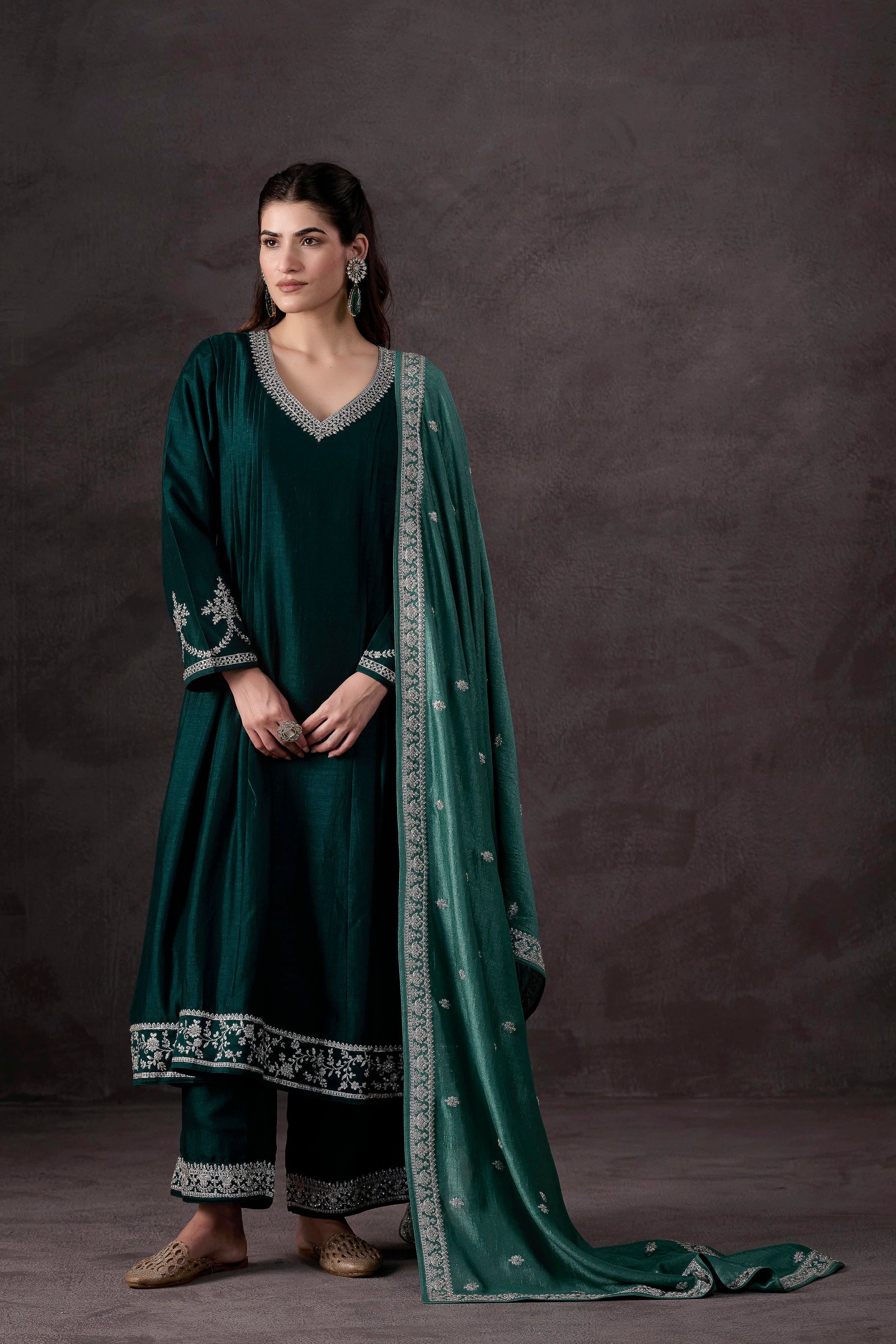 Teal Green Embellished Raw Silk Pant Set