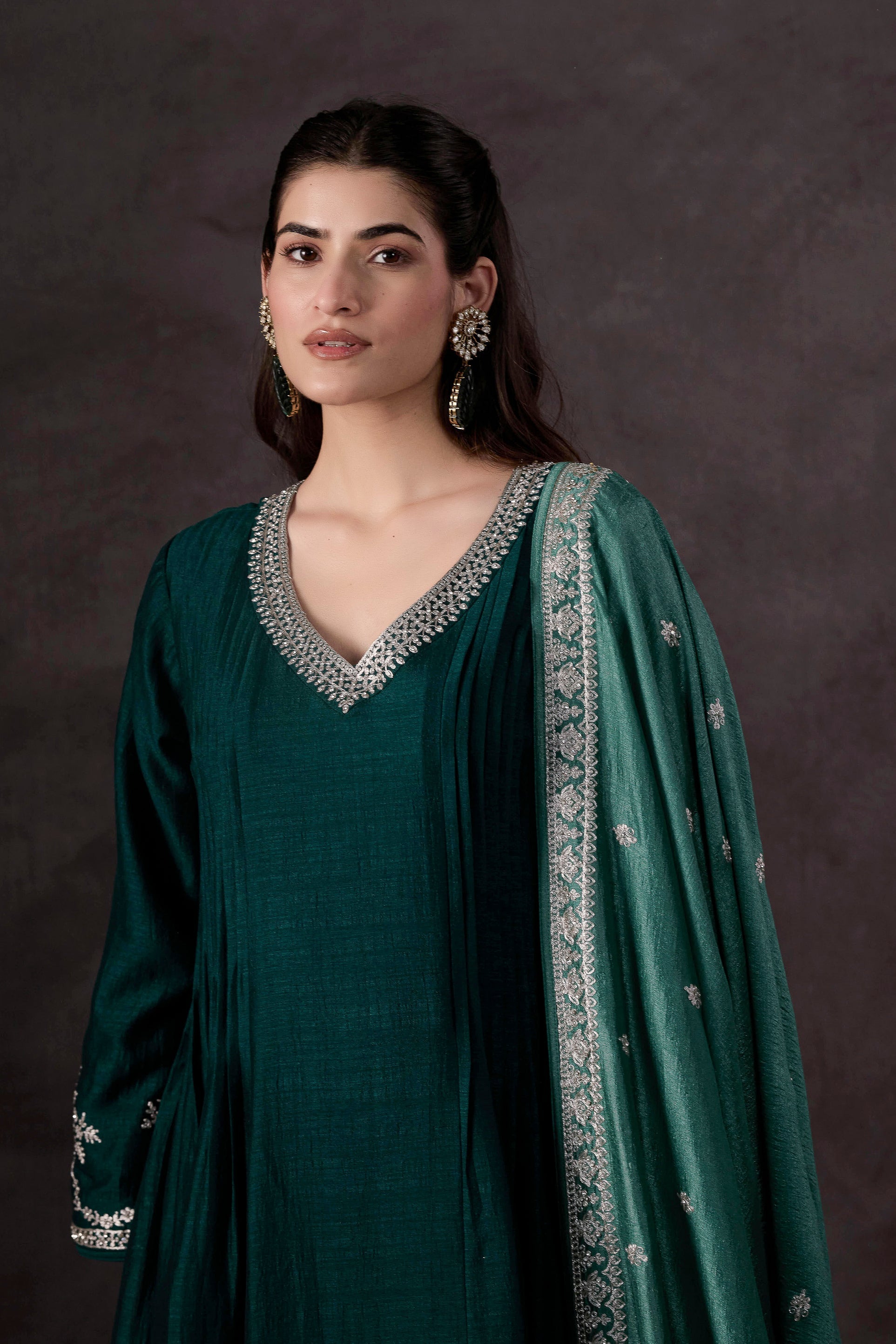 Teal Green Embellished Raw Silk Pant Set