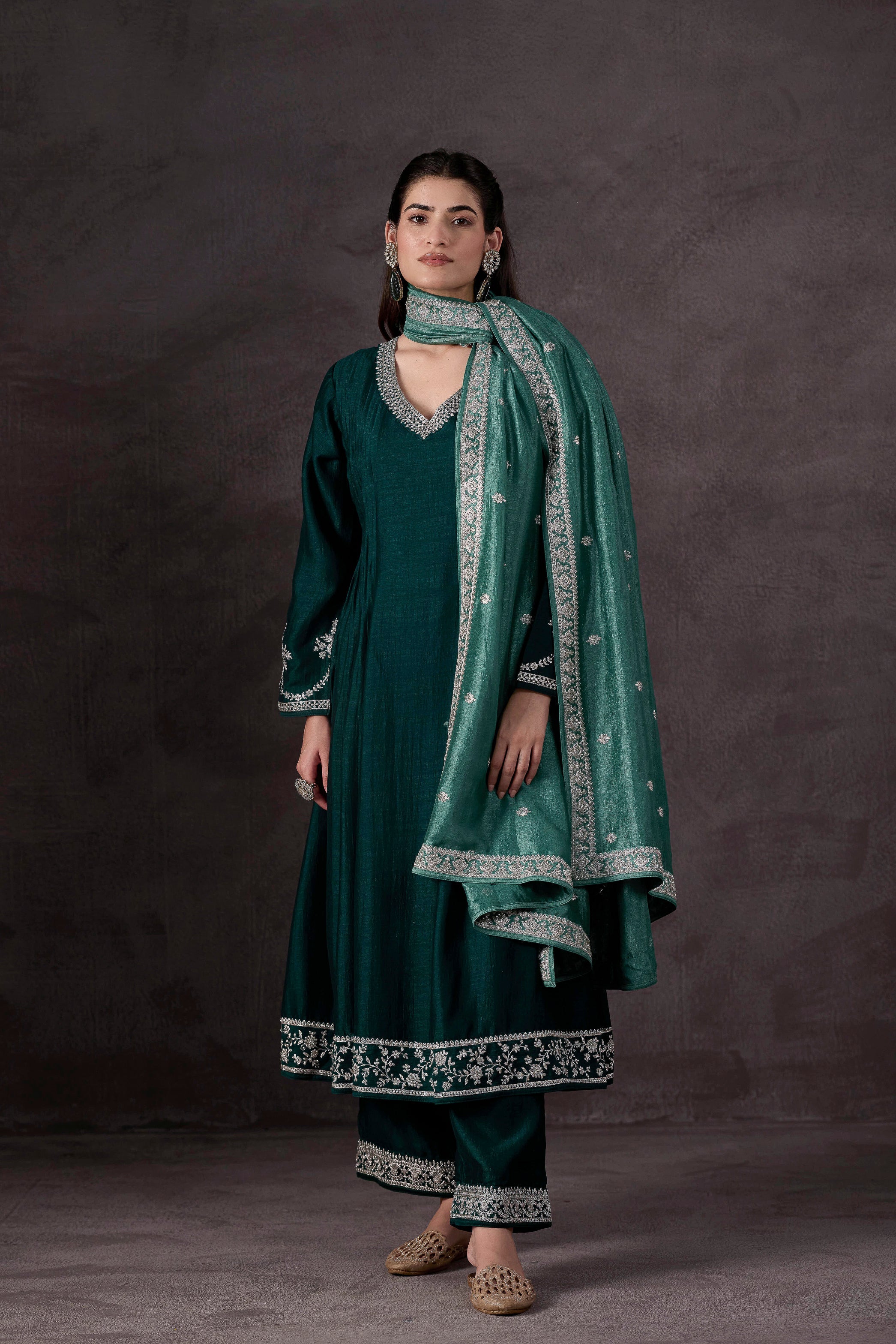 Teal Green Embellished Raw Silk Pant Set