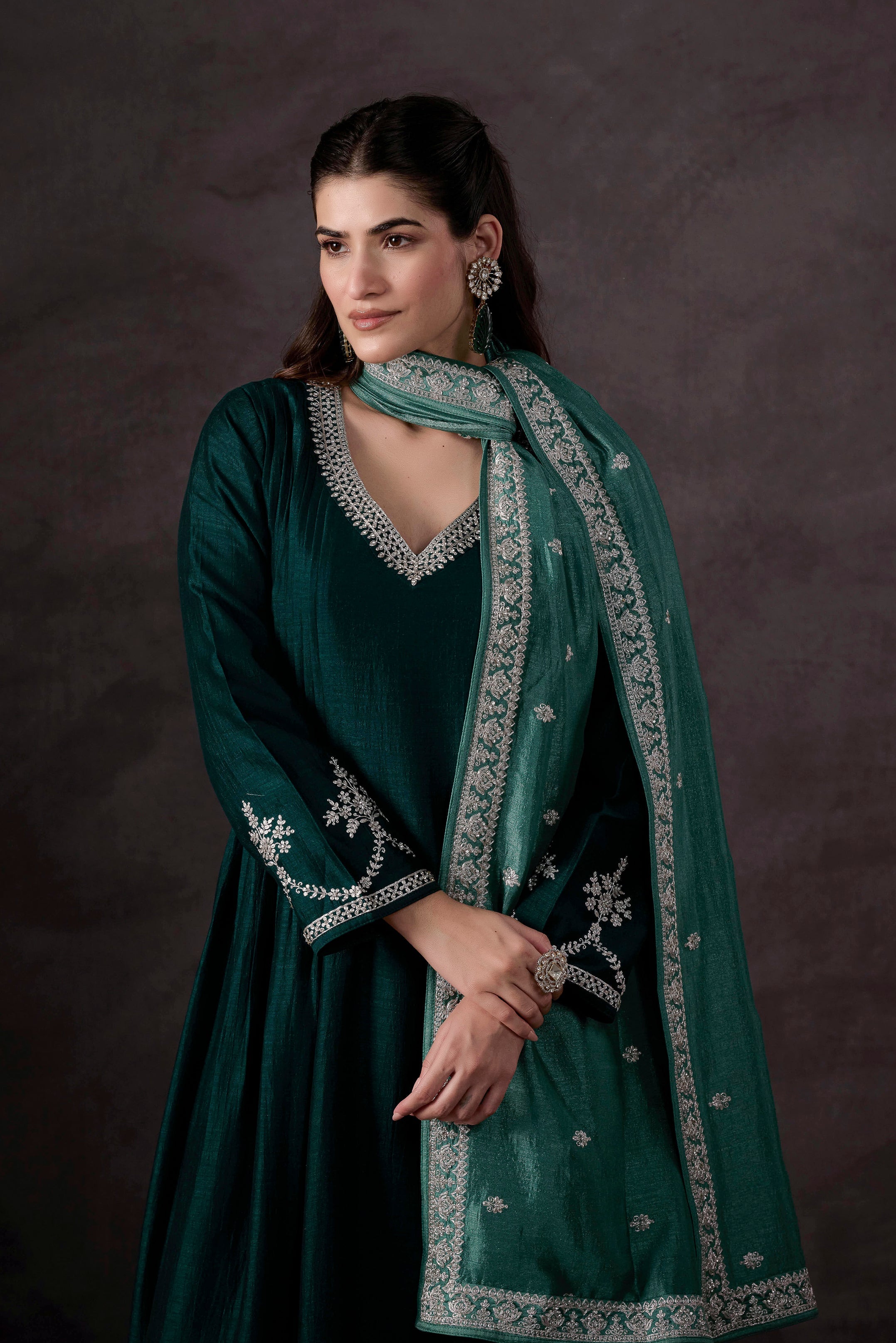 Teal Green Embellished Raw Silk Pant Set