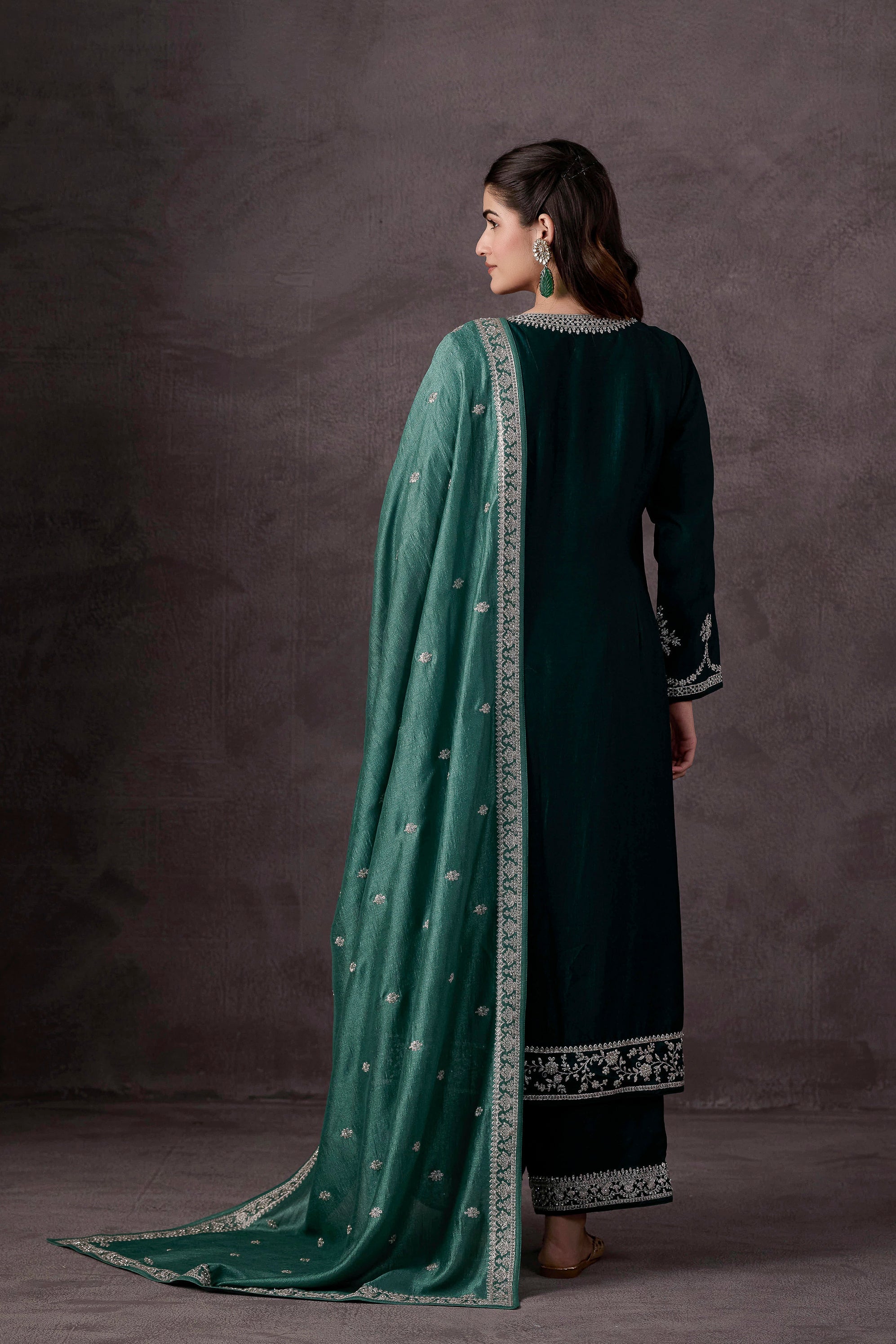 Teal Green Embellished Raw Silk Pant Set