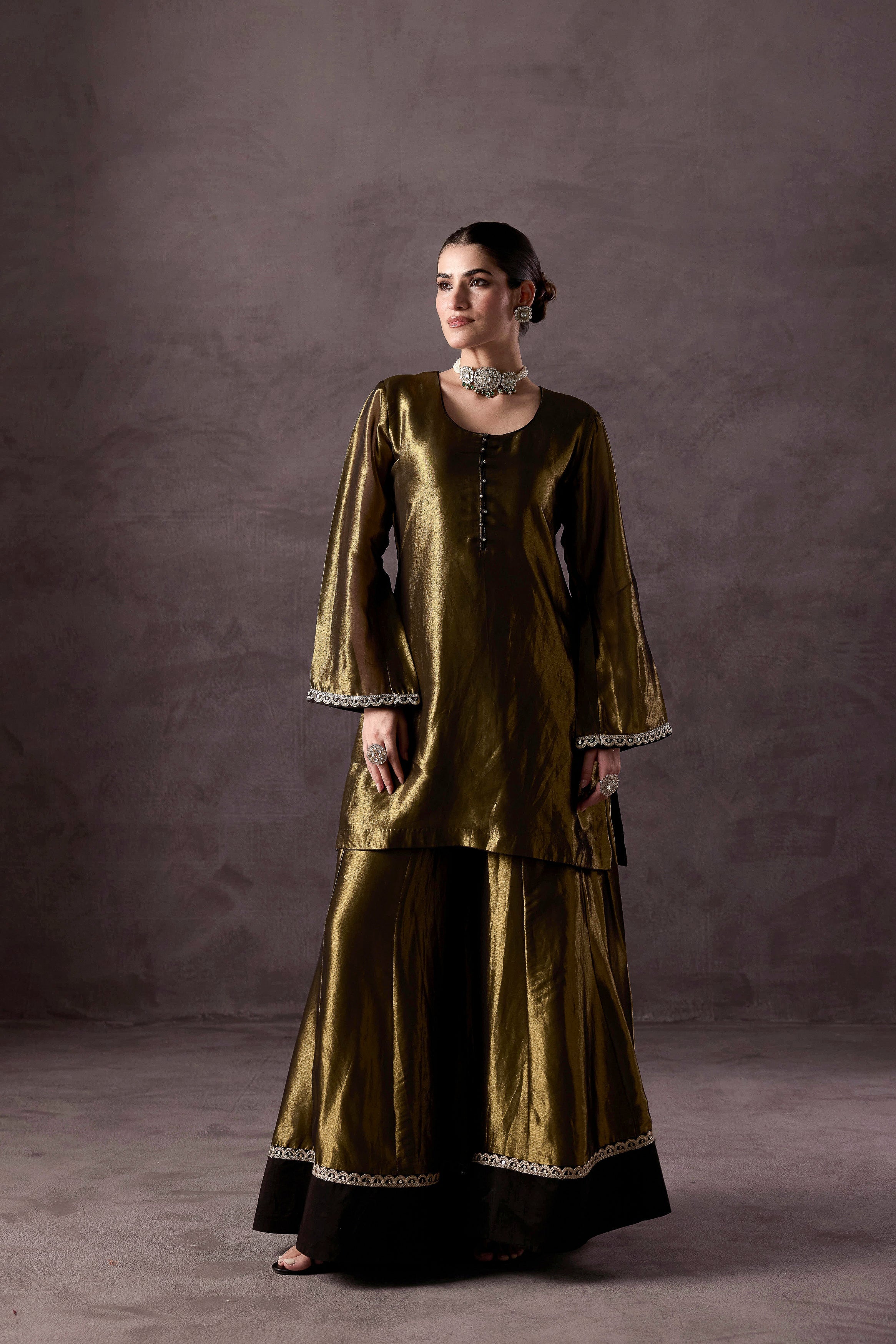 Olive Green Embellished Shimmer Tissue Silk Sharara Set