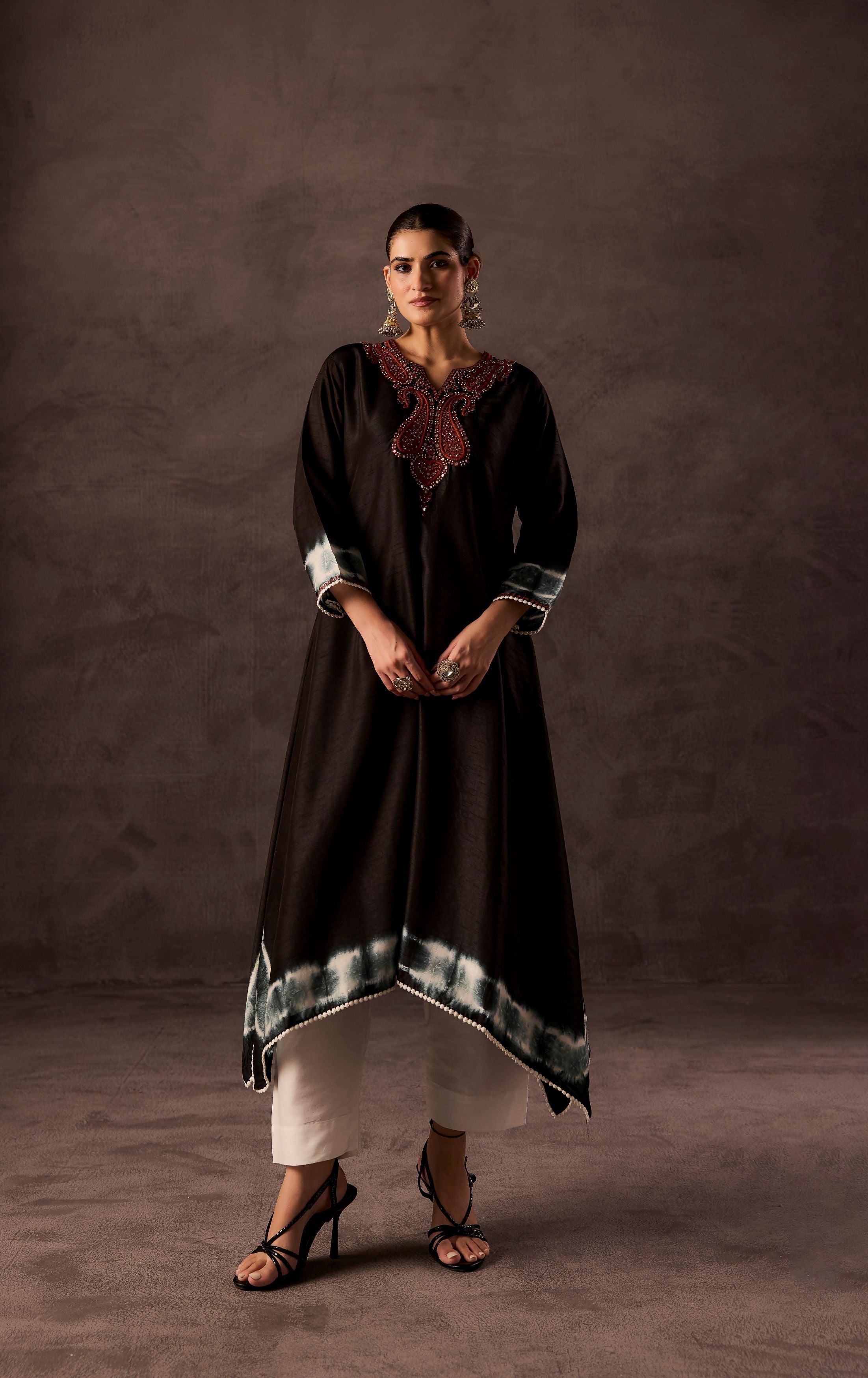Black Embellished Raw Silk Kurta Set