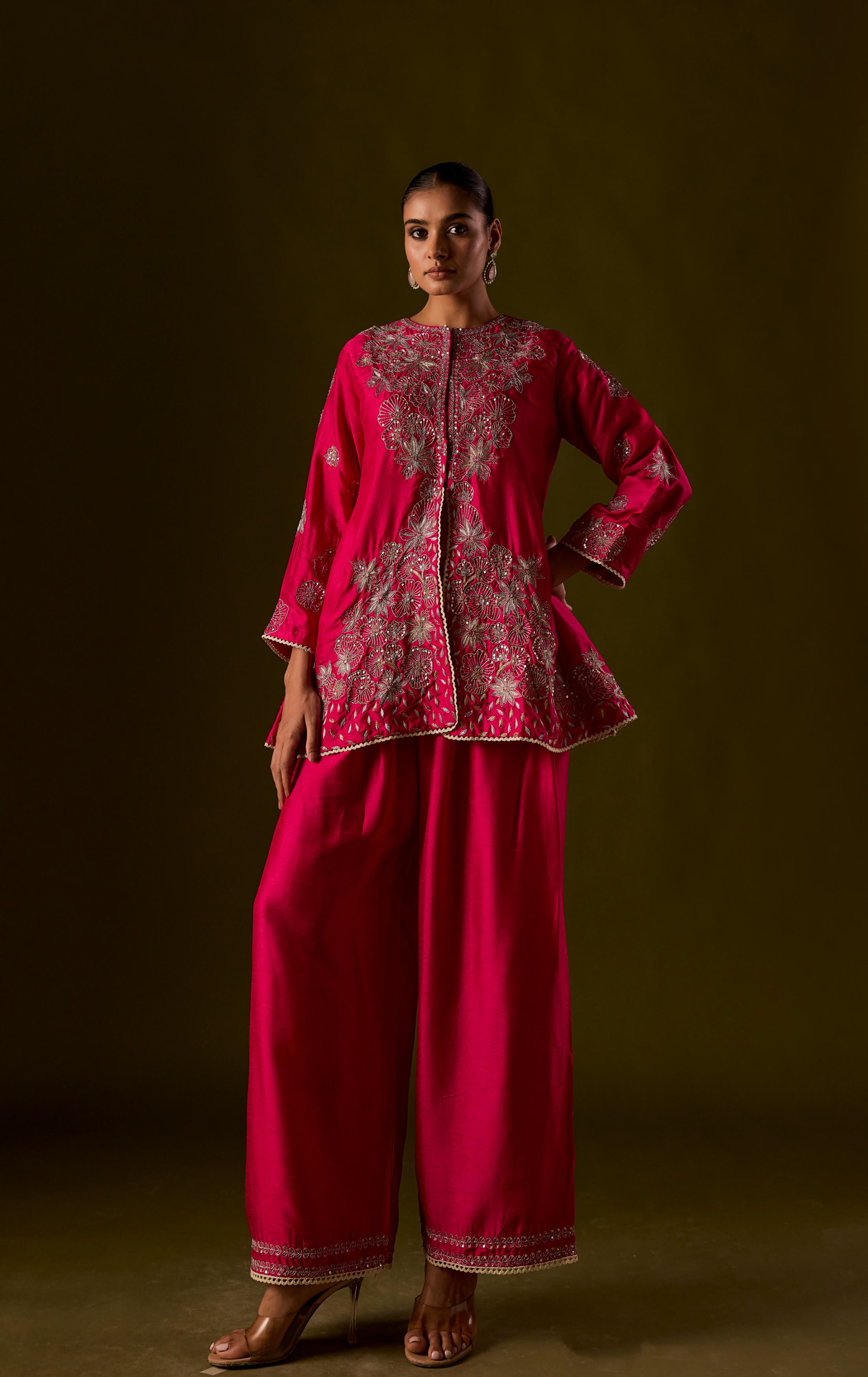 Queen's Pink Raw Silk Embellished Co-Ord Set