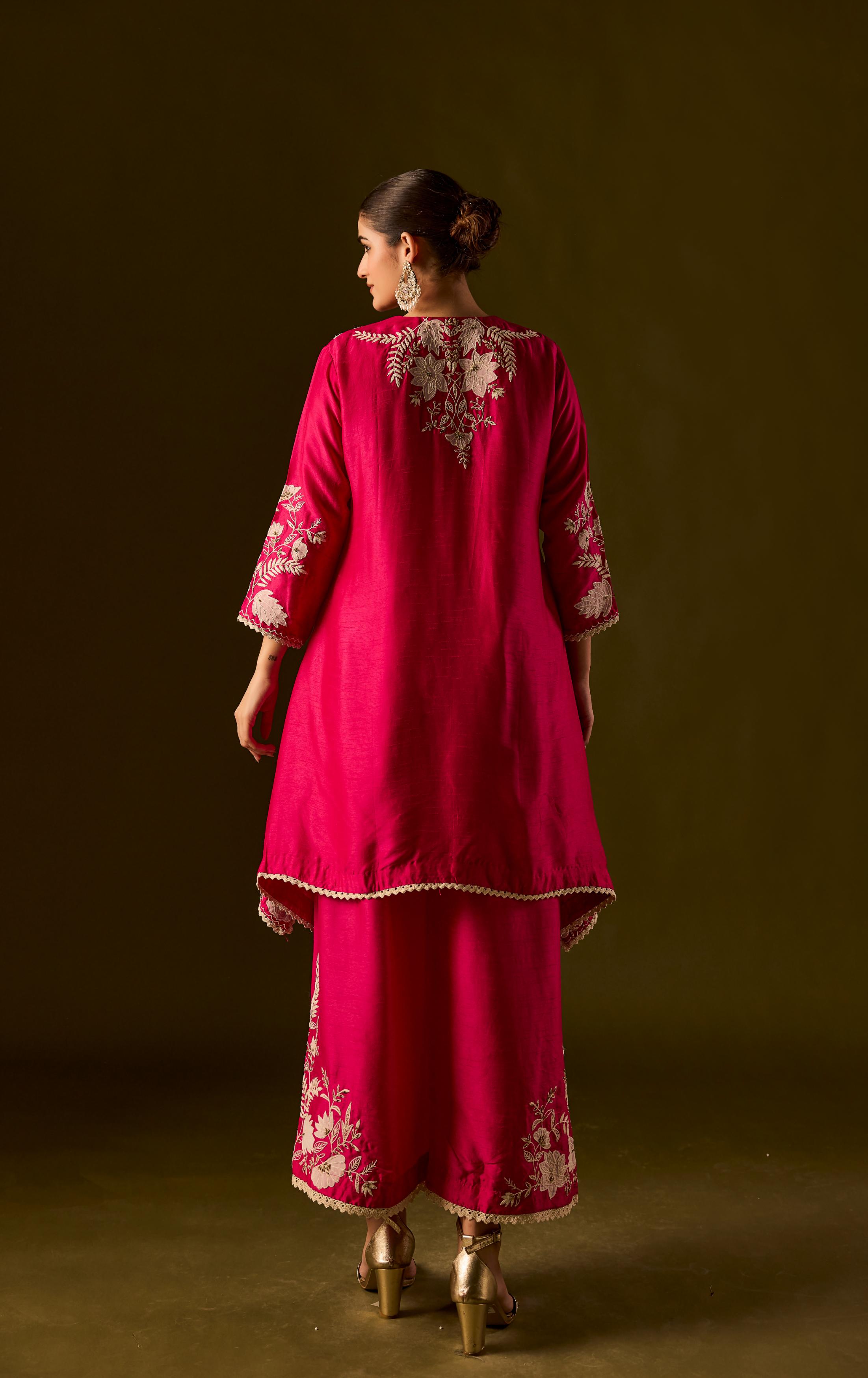 Rani pink Embroidered Raw Silk Co-Ord Set