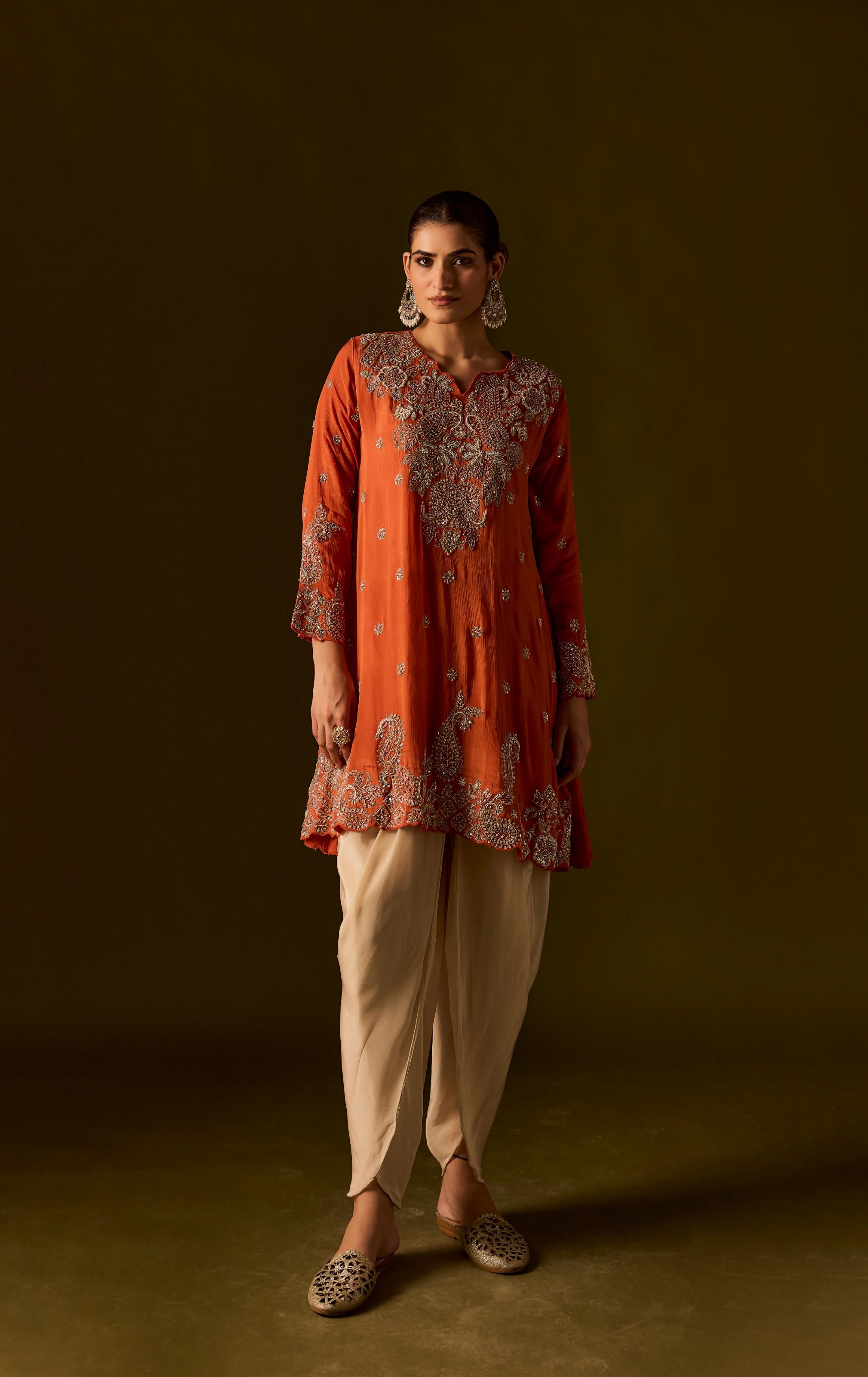 Rust Embellished Chinon Silk Dhoti Set