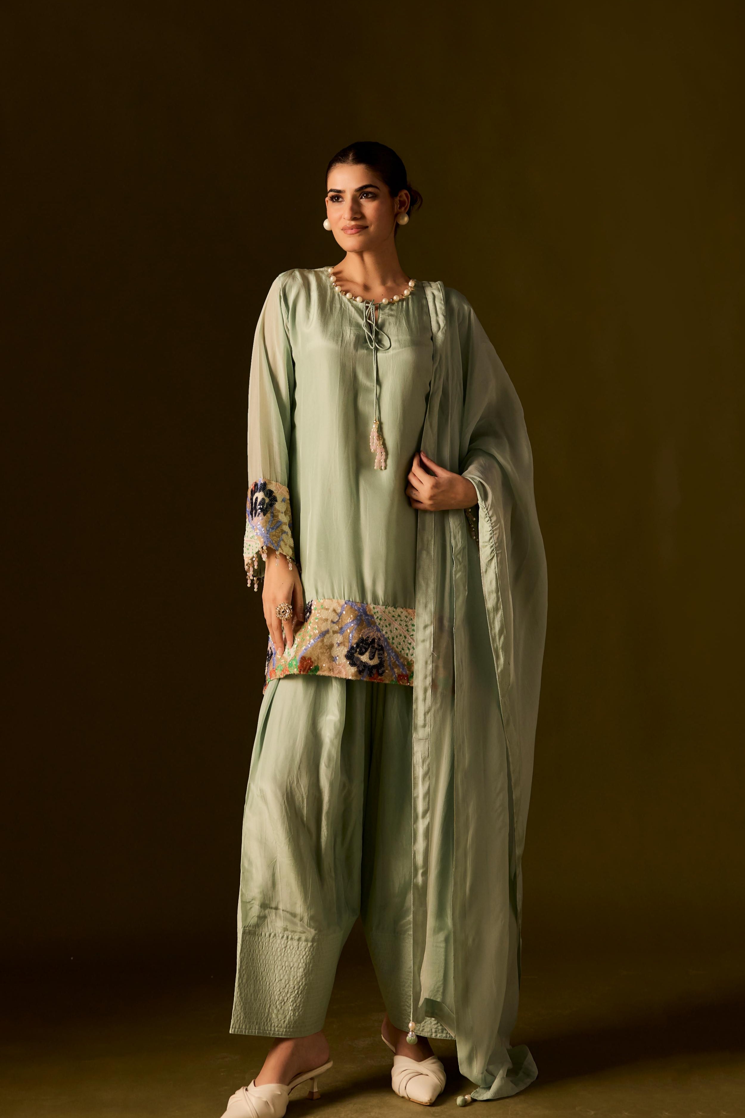 Pastel Green Embellished Muslin Silk Dhoti Set