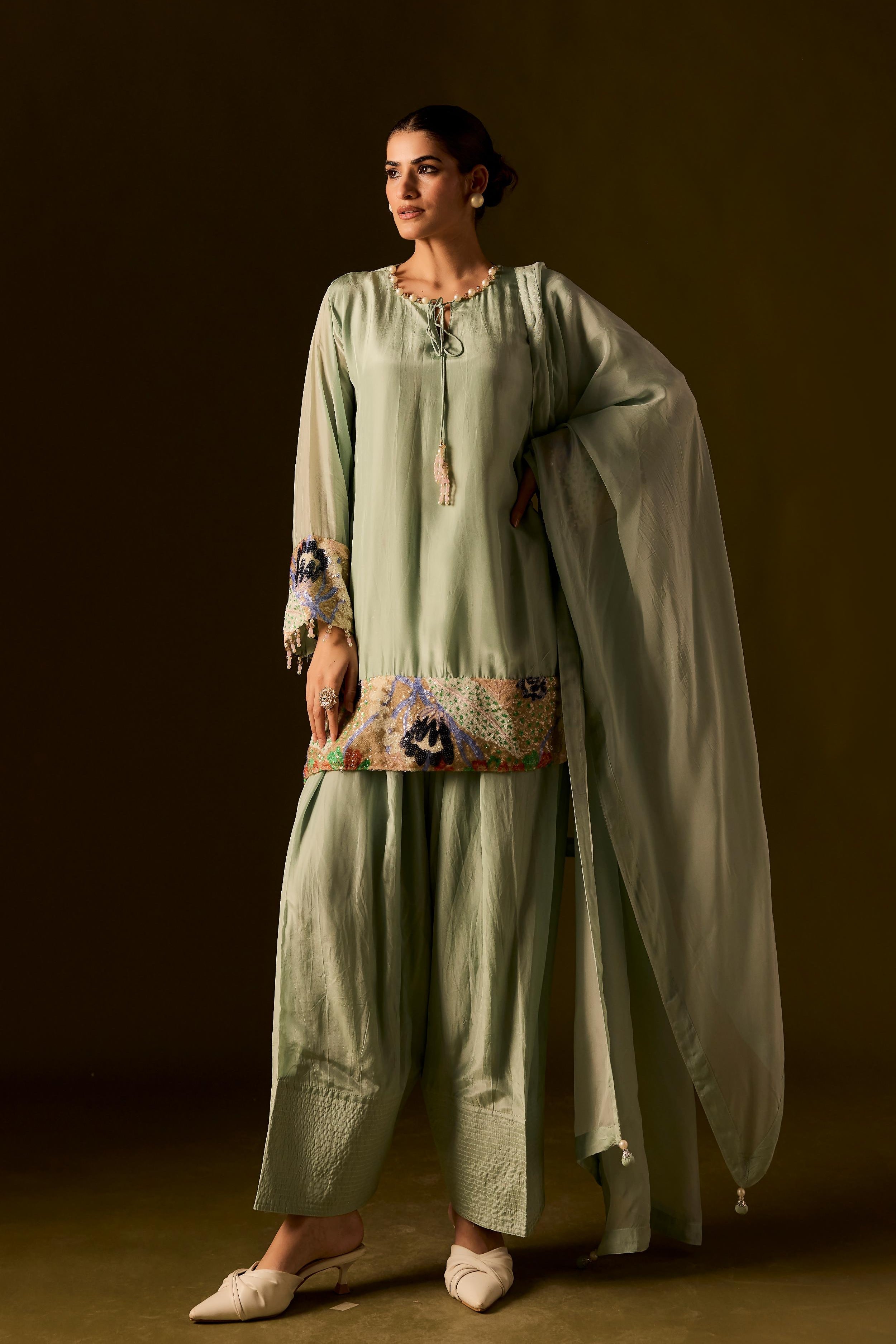 Pastel Green Embellished Muslin Silk Dhoti Set