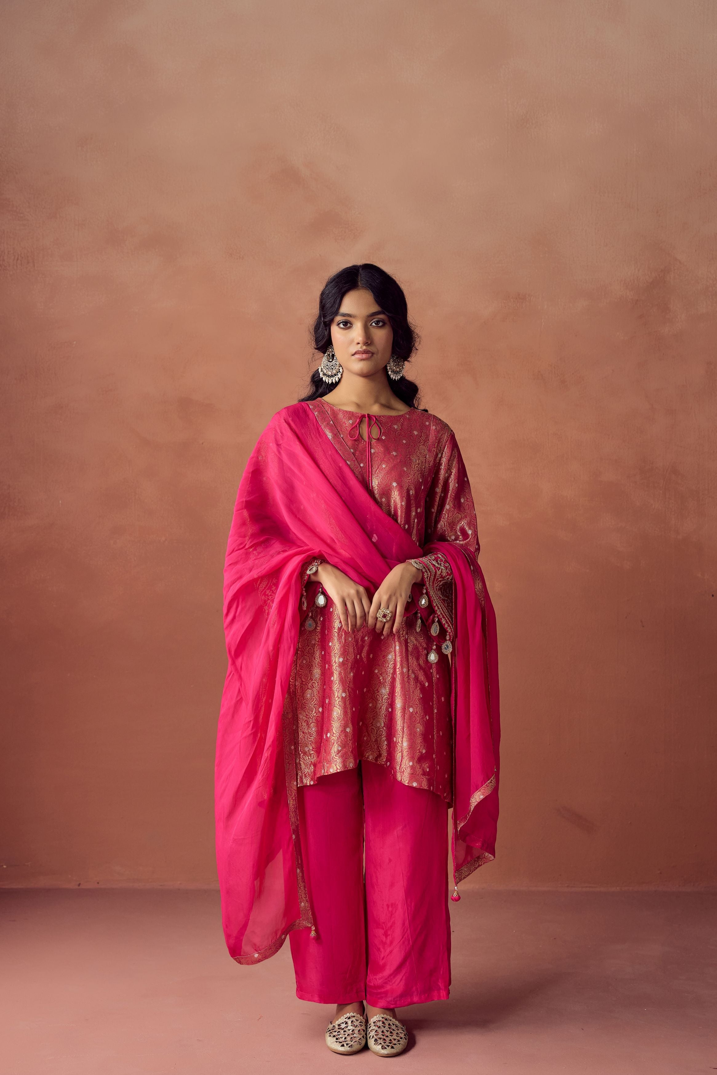 Rani Pink Embellished Brocade Organza Silk Pant Set