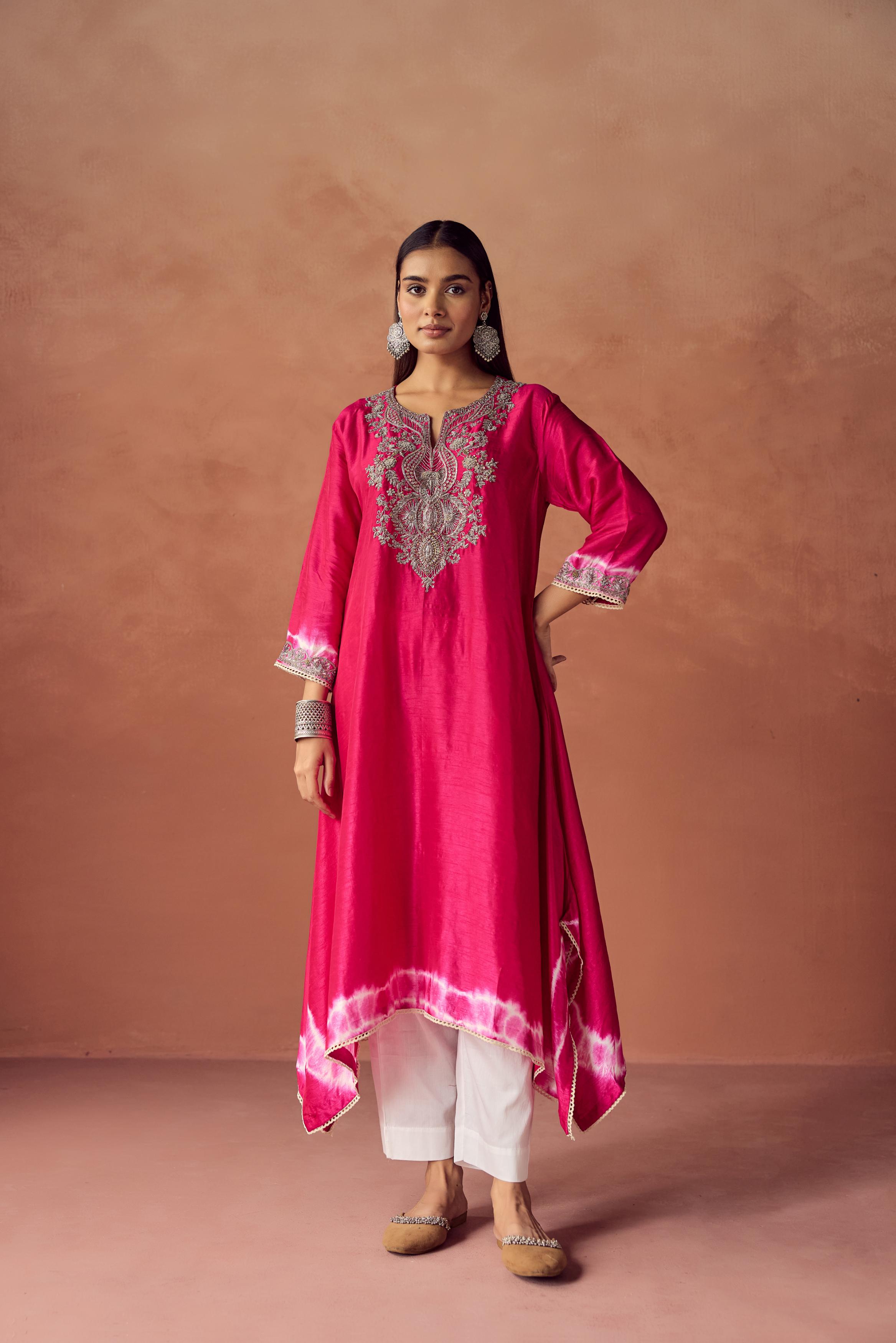 Bright Pink Embellished Raw Silk Kurta Set