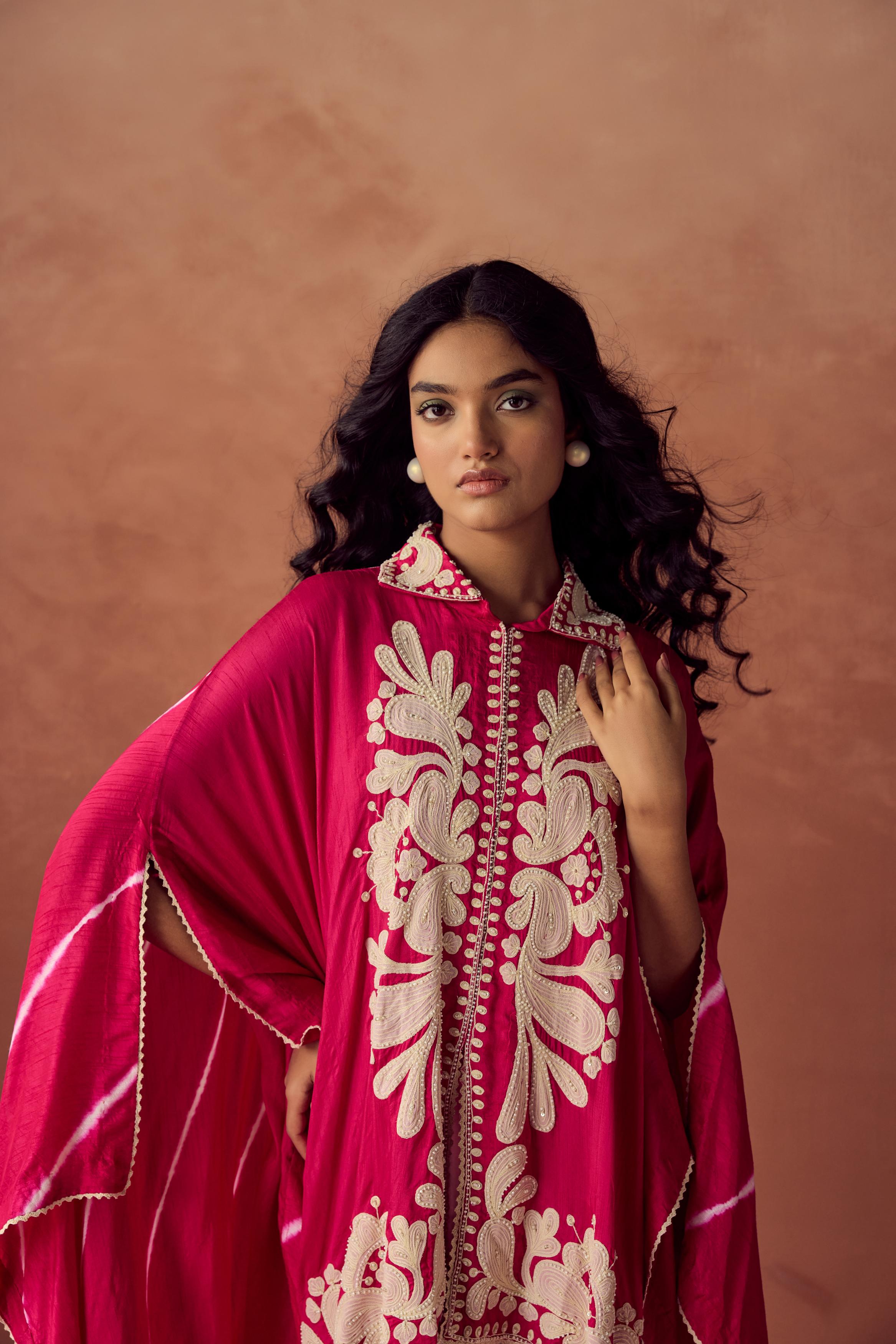 Rani Pink Embroidered Raw Silk Kaftan Set