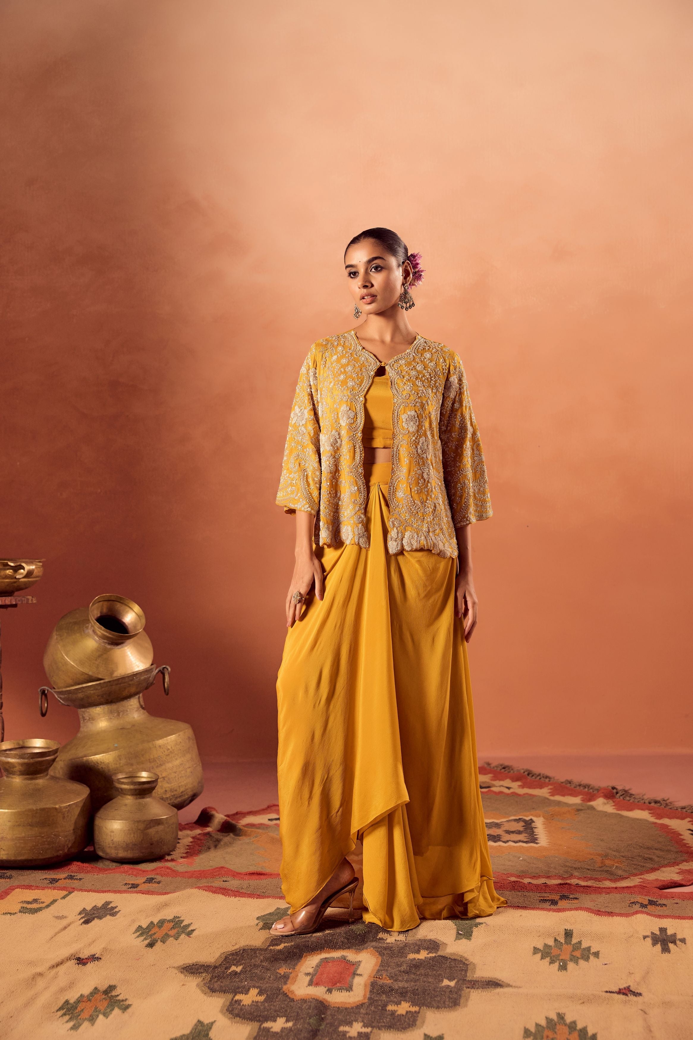 Bright Mustard Embellished Chinon Silk Skirt Set