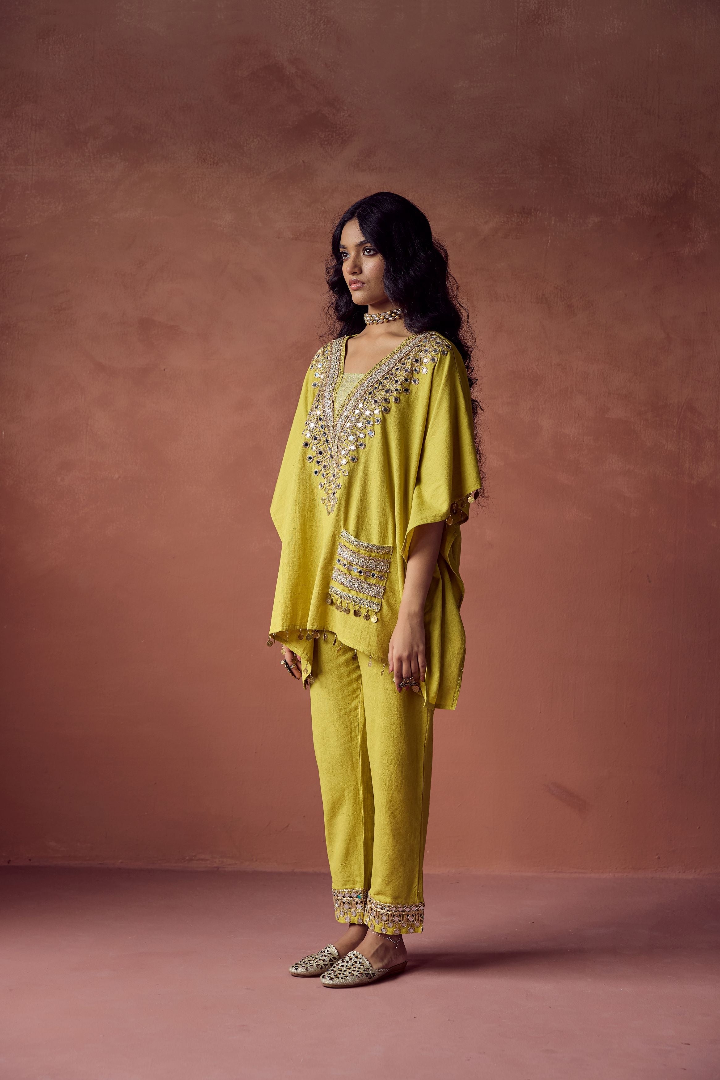 Pear Green Embellished Organic Cotton Kaftan Set