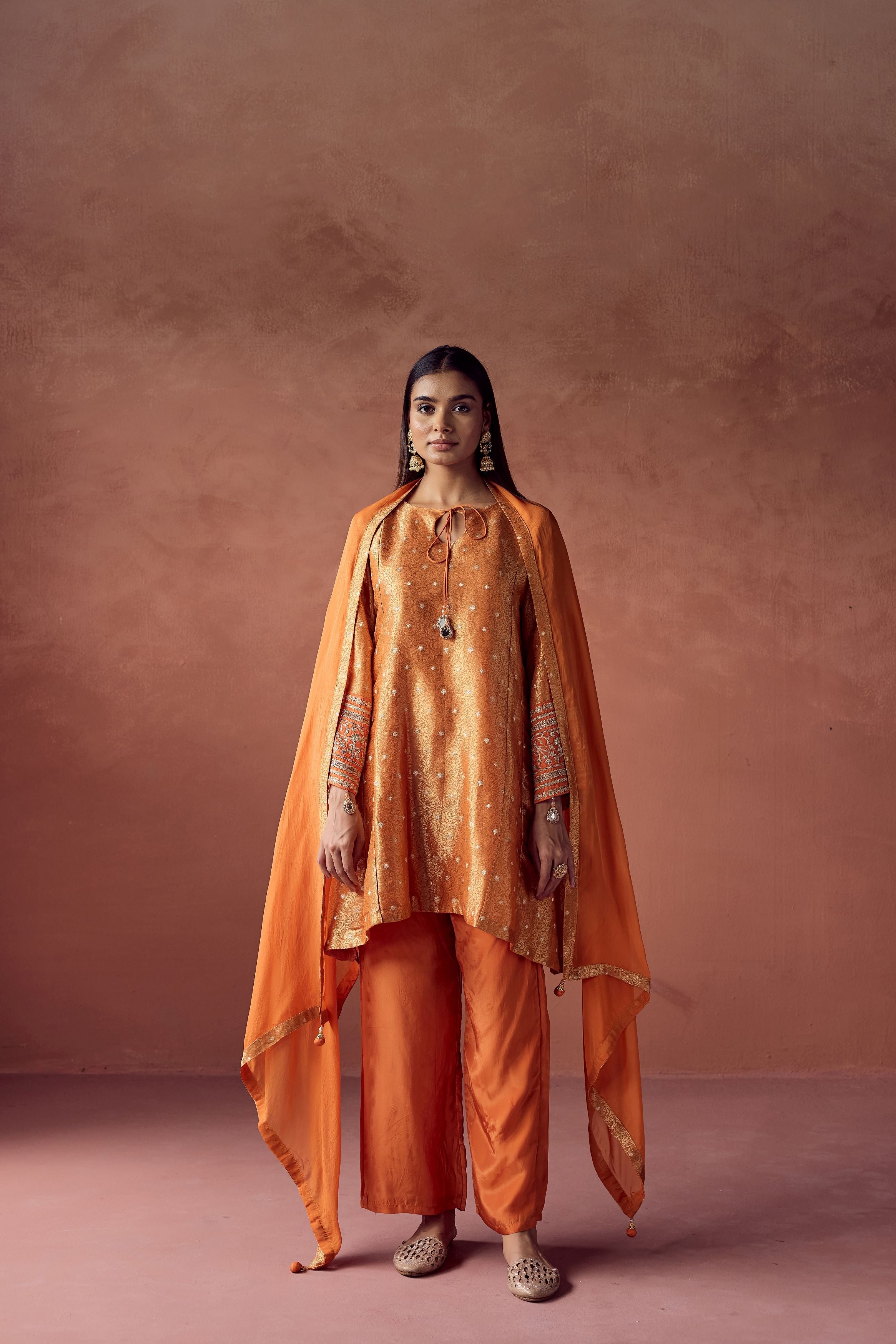 Bright Orange Embellished Brocade Organza Silk Pant Set
