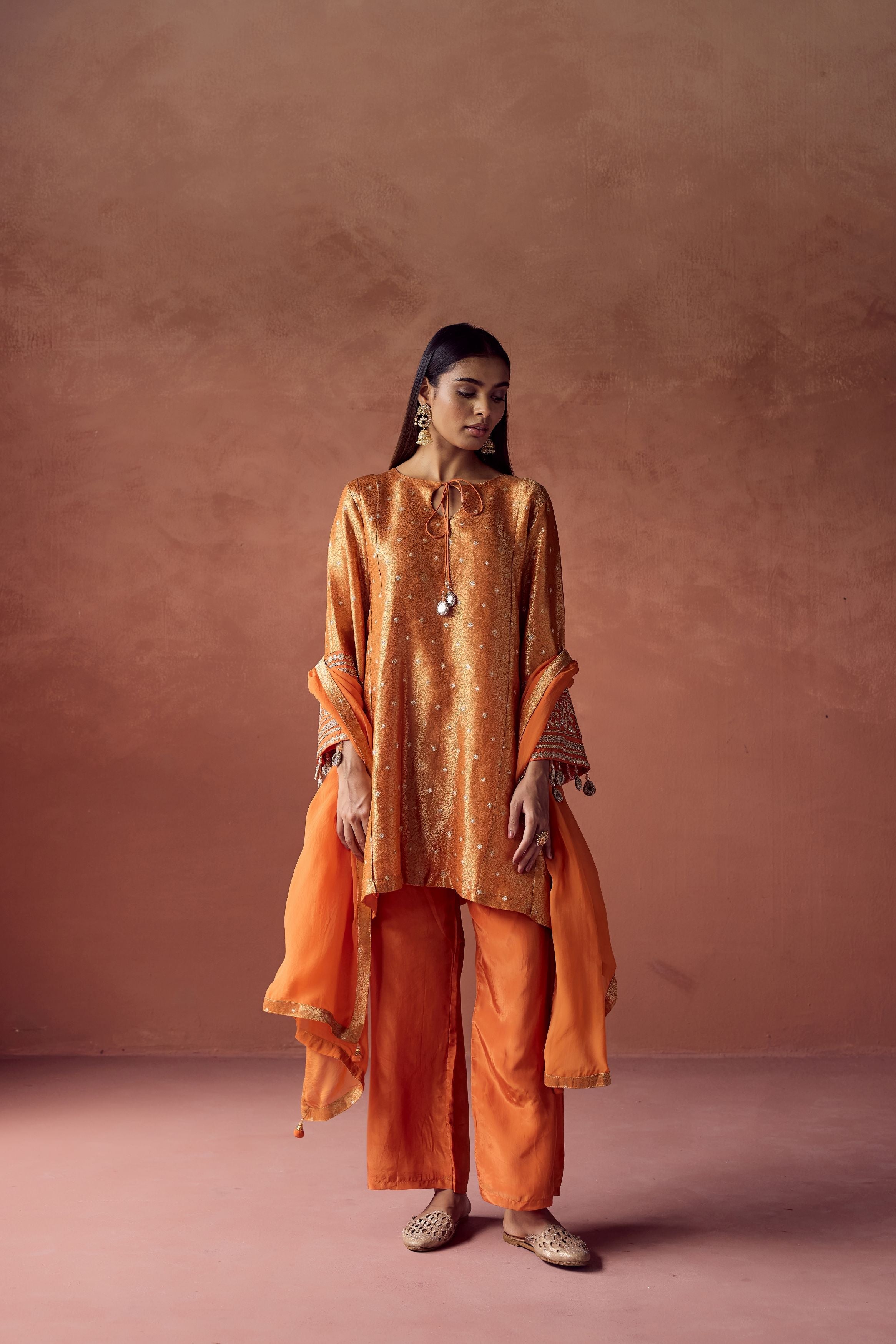 Bright Orange Embellished Brocade Organza Silk Pant Set