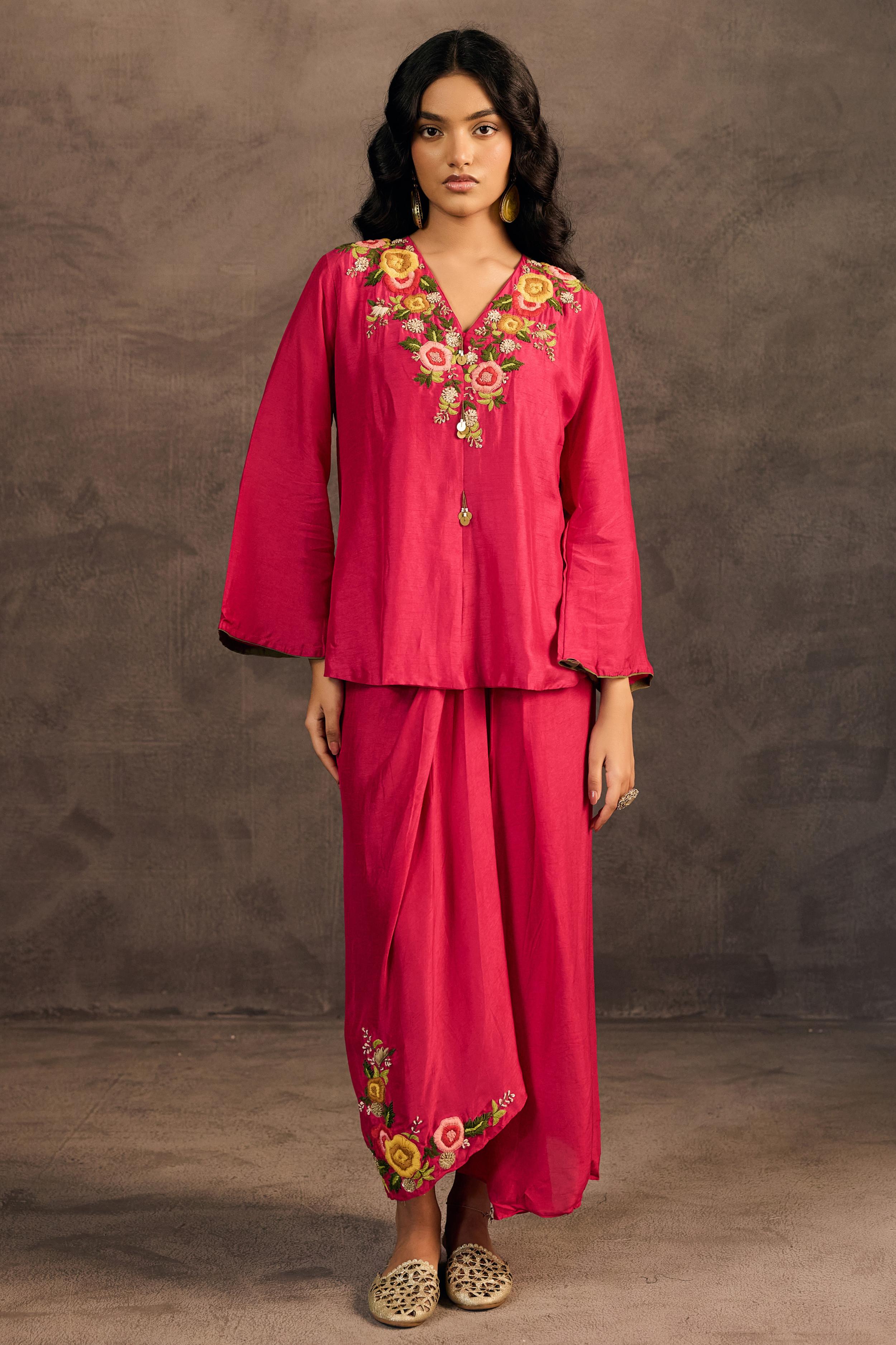 Rani Pink Embroidered Raw Silk Skirt Set