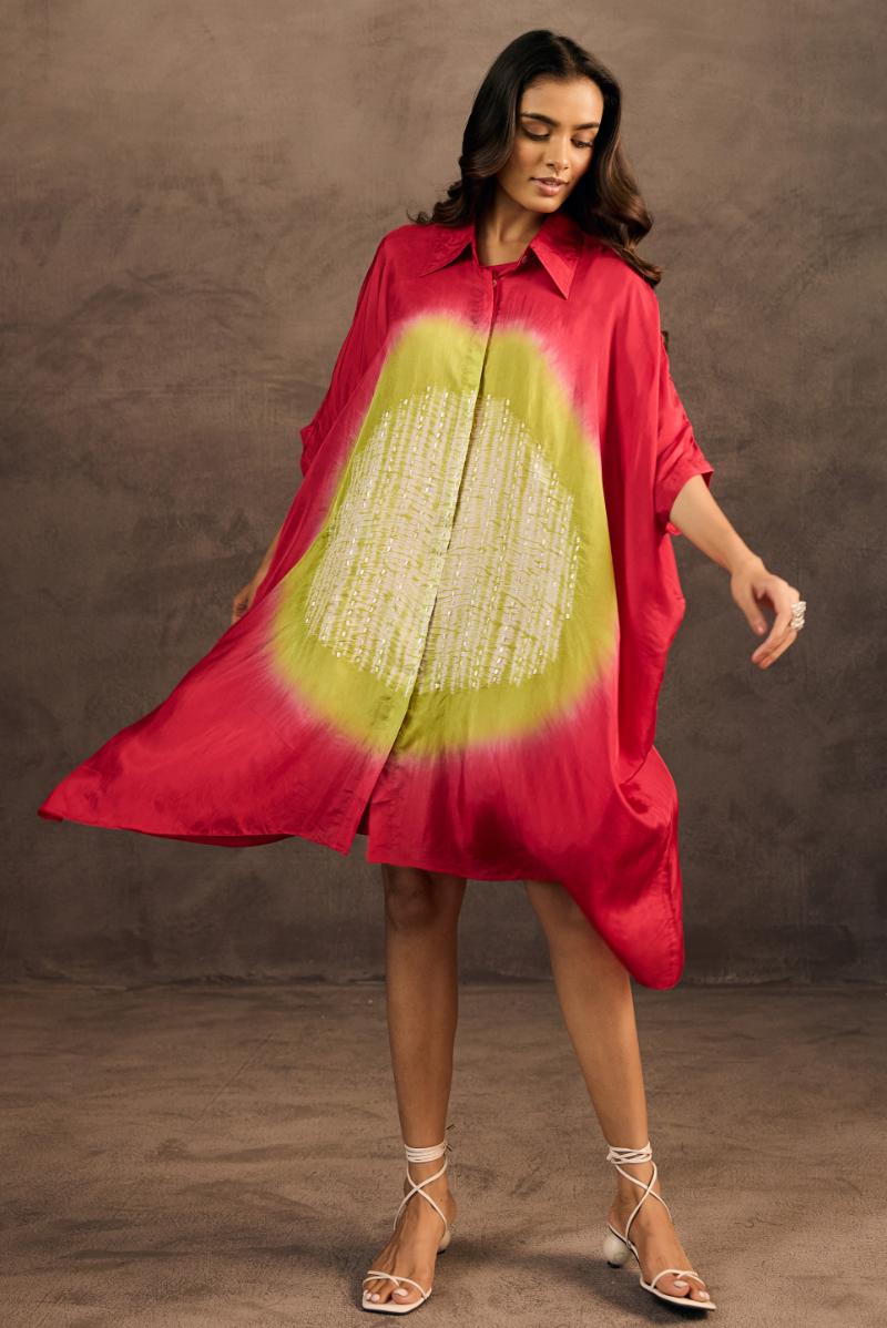 Red Embellished Crepe Silk Kaftan Dress