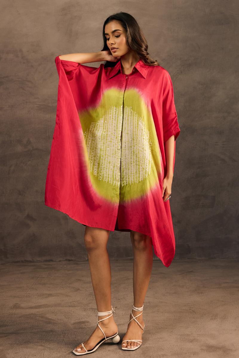 Red Embellished Crepe Silk Kaftan Dress