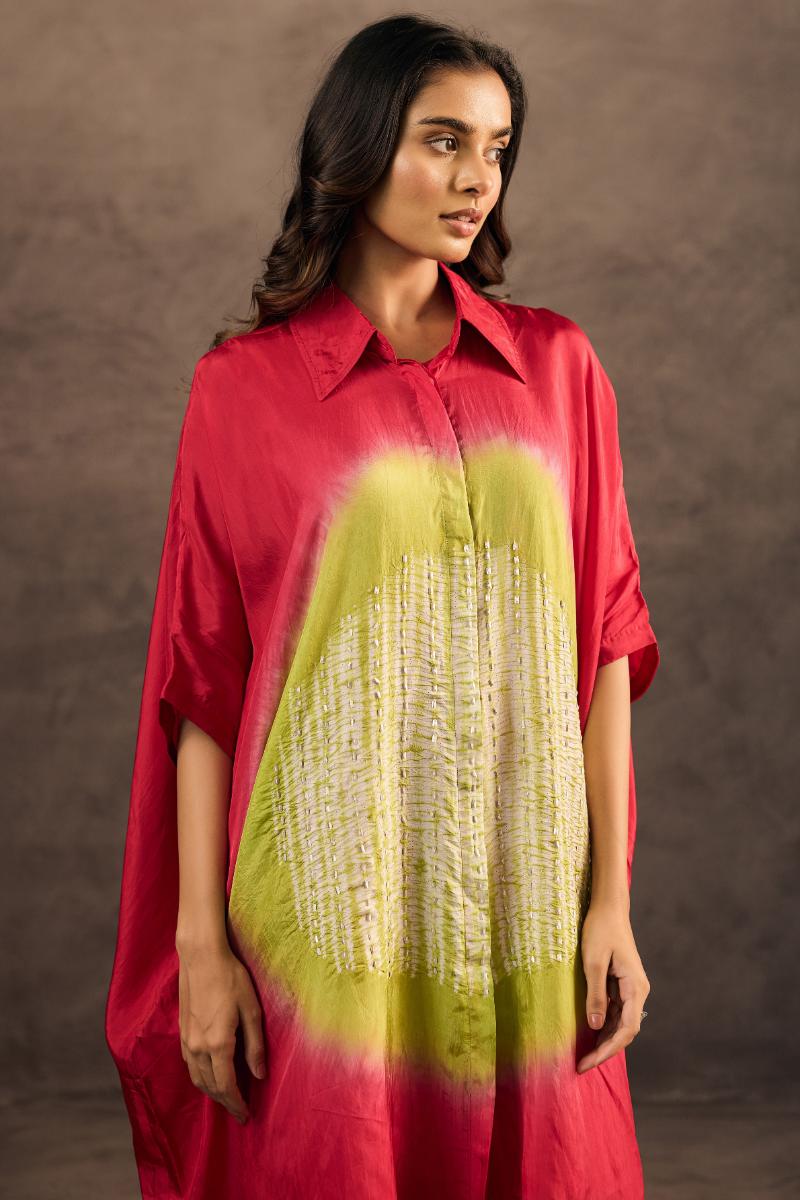 Red Embellished Crepe Silk Kaftan Dress
