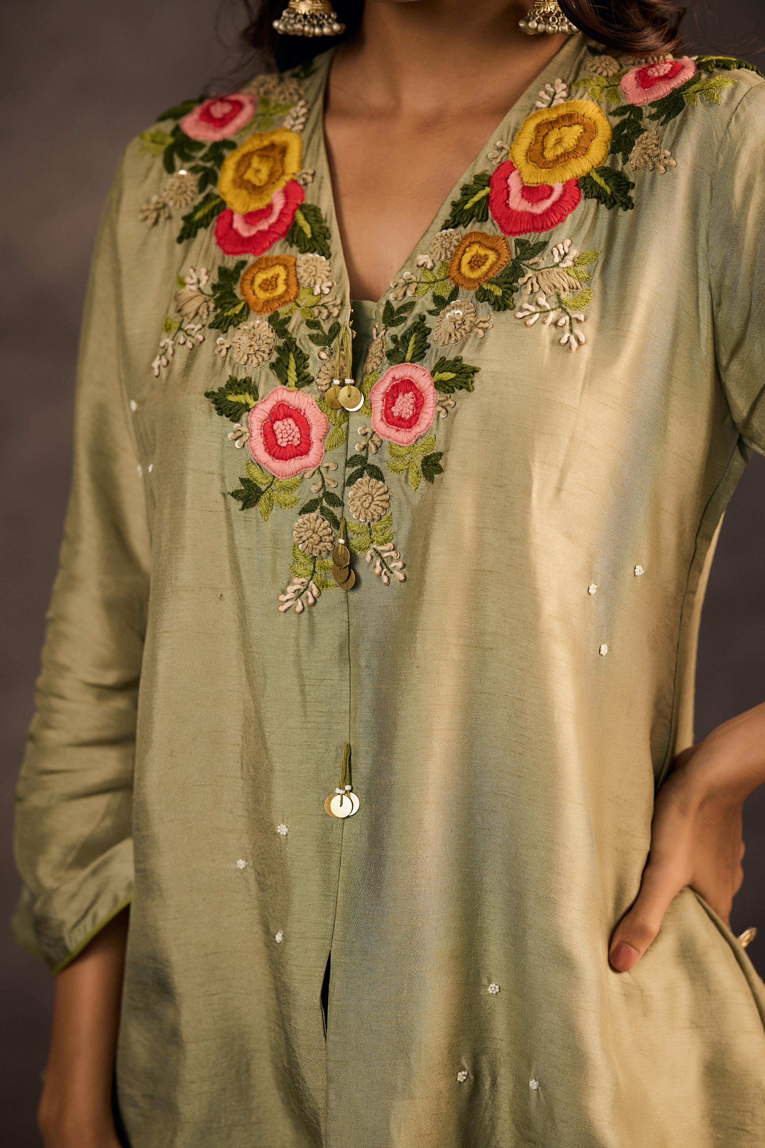 Sage Green Embroidered Raw Silk Skirt Set