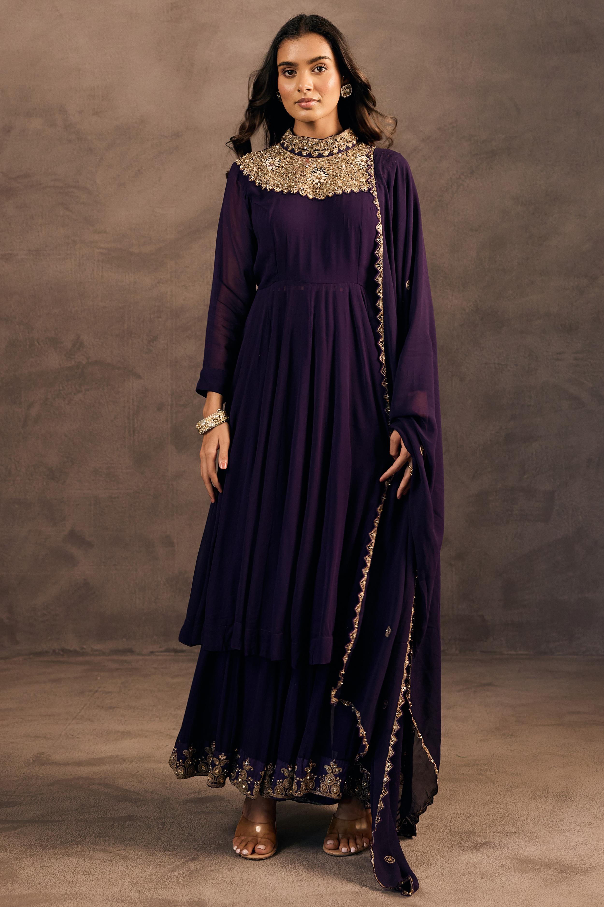 Deep Purple Embellished Georgette Silk Sharara Set