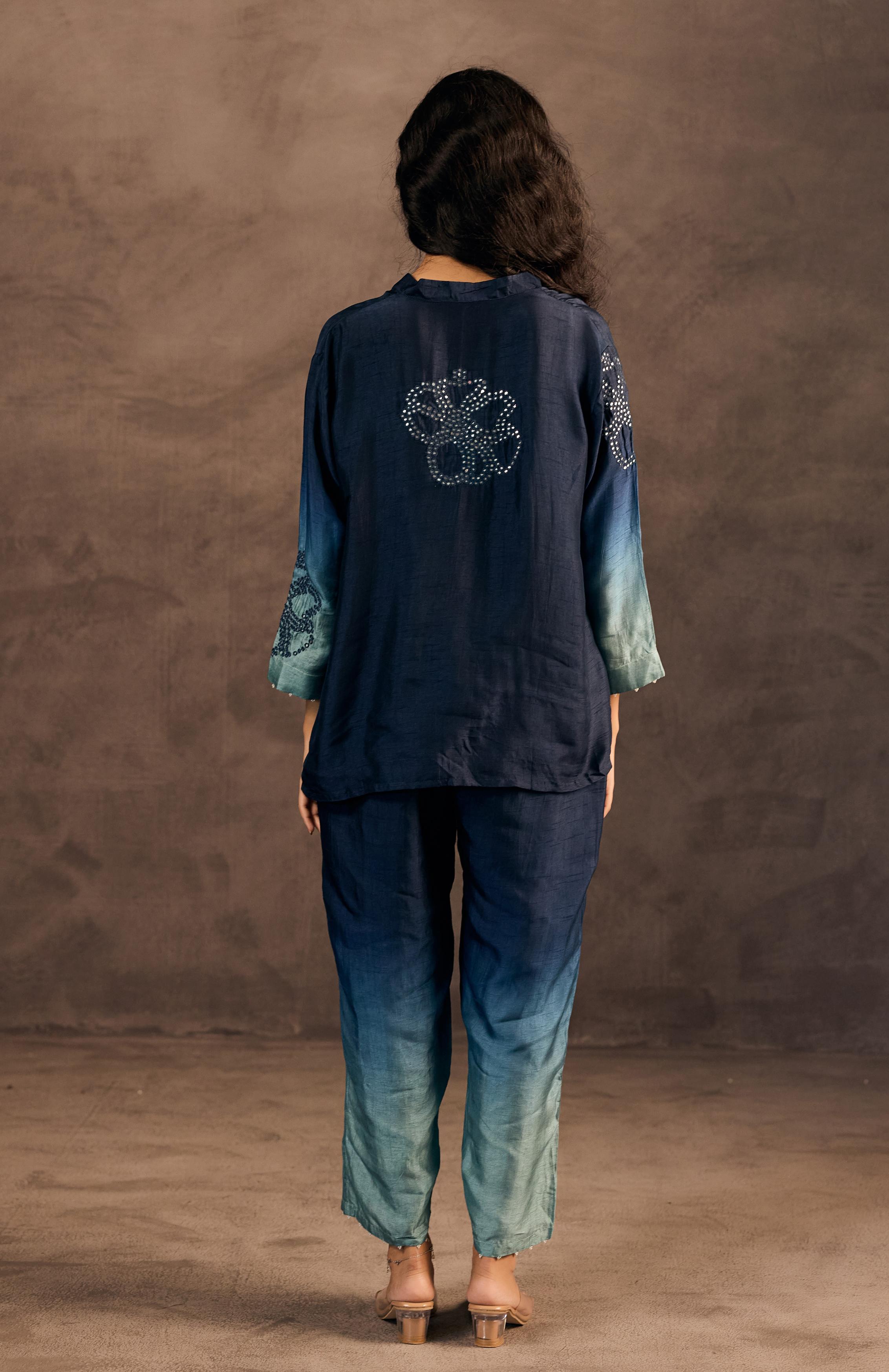 Midnight Teal Mist Embellished Raw Silk Co-Ord Set