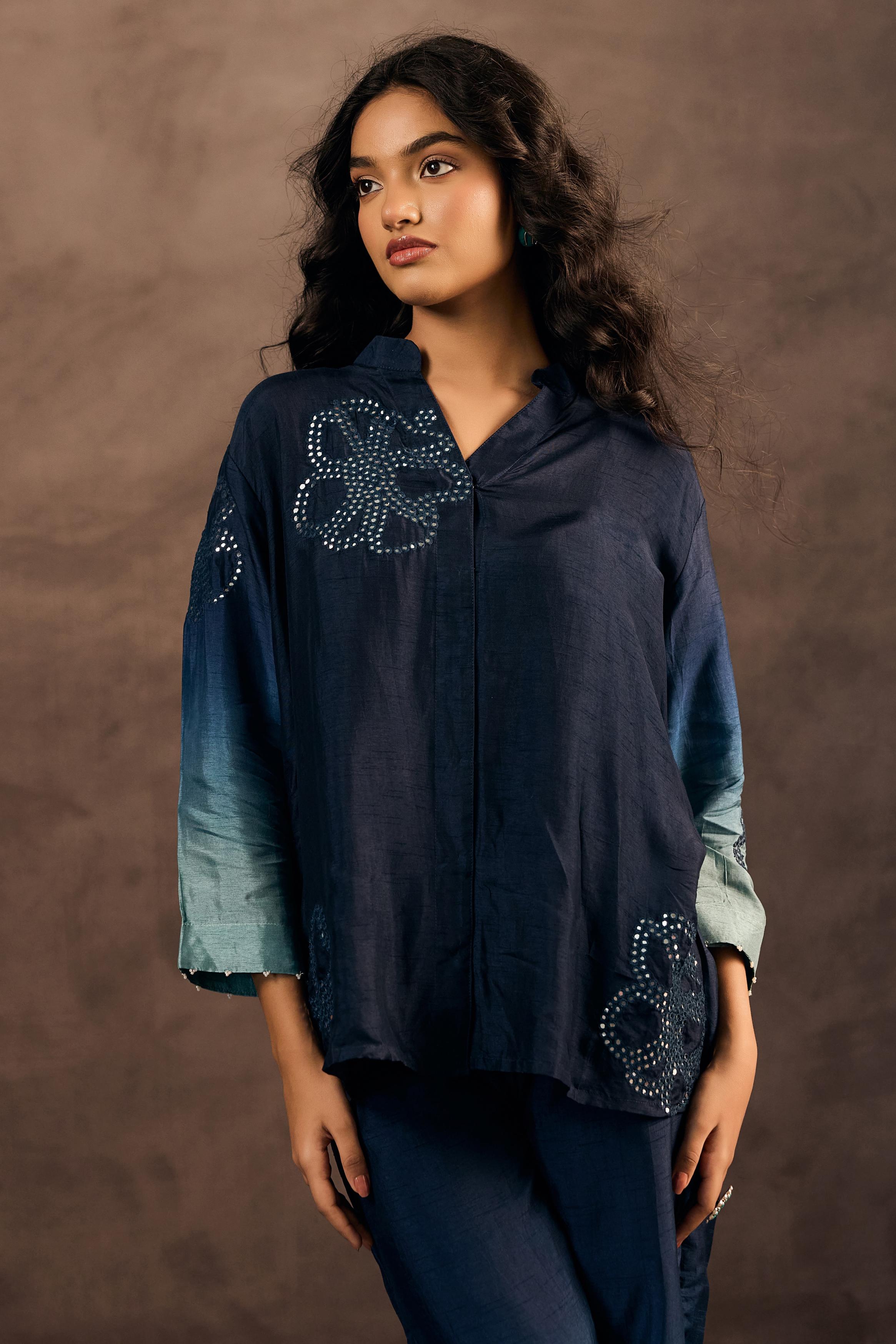 Midnight Teal Mist Embellished Raw Silk Co-Ord Set