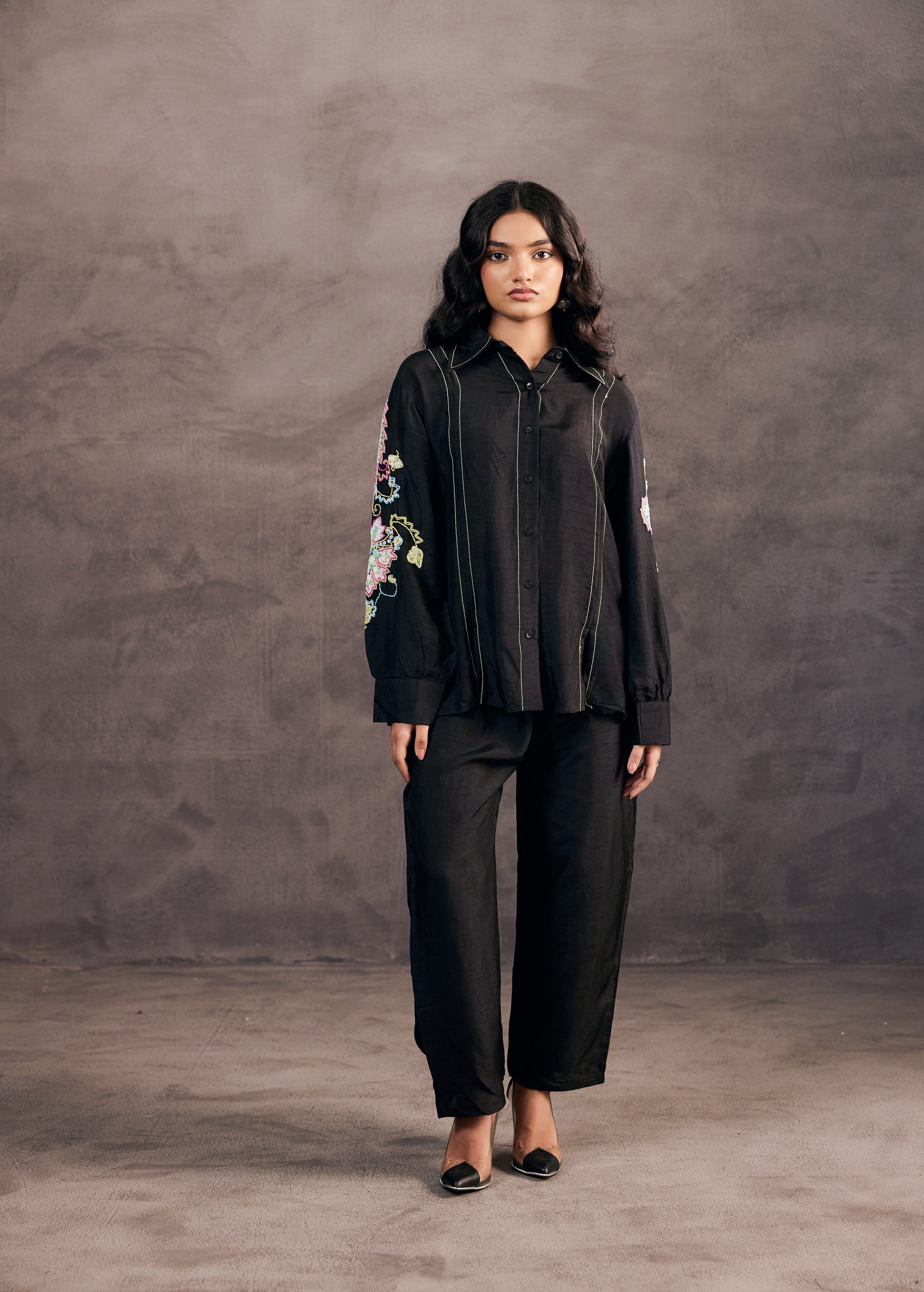 Midnight Black Embroidered Raw Silk Co-Ord Set
