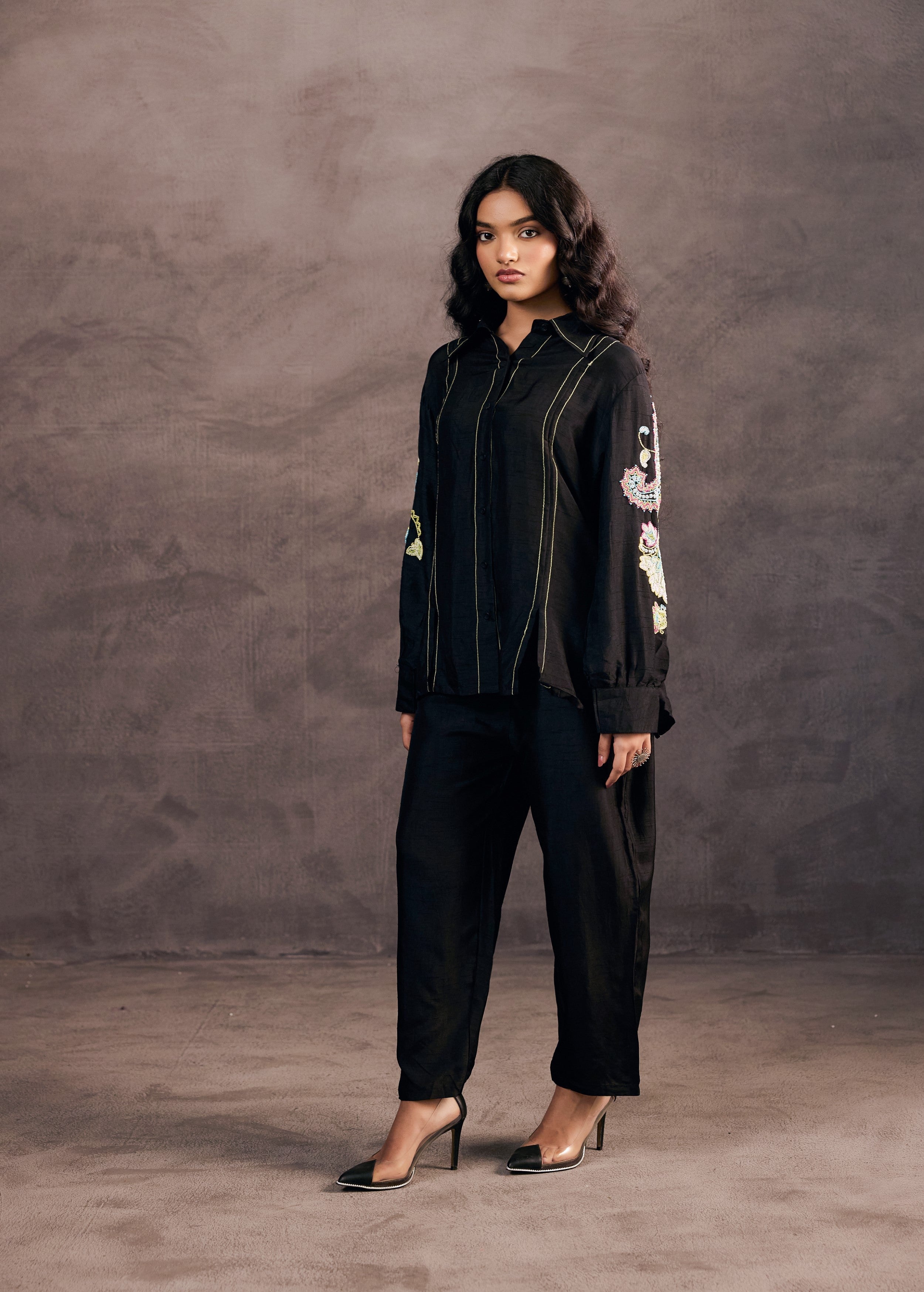 Midnight Black Embroidered Raw Silk Co-Ord Set