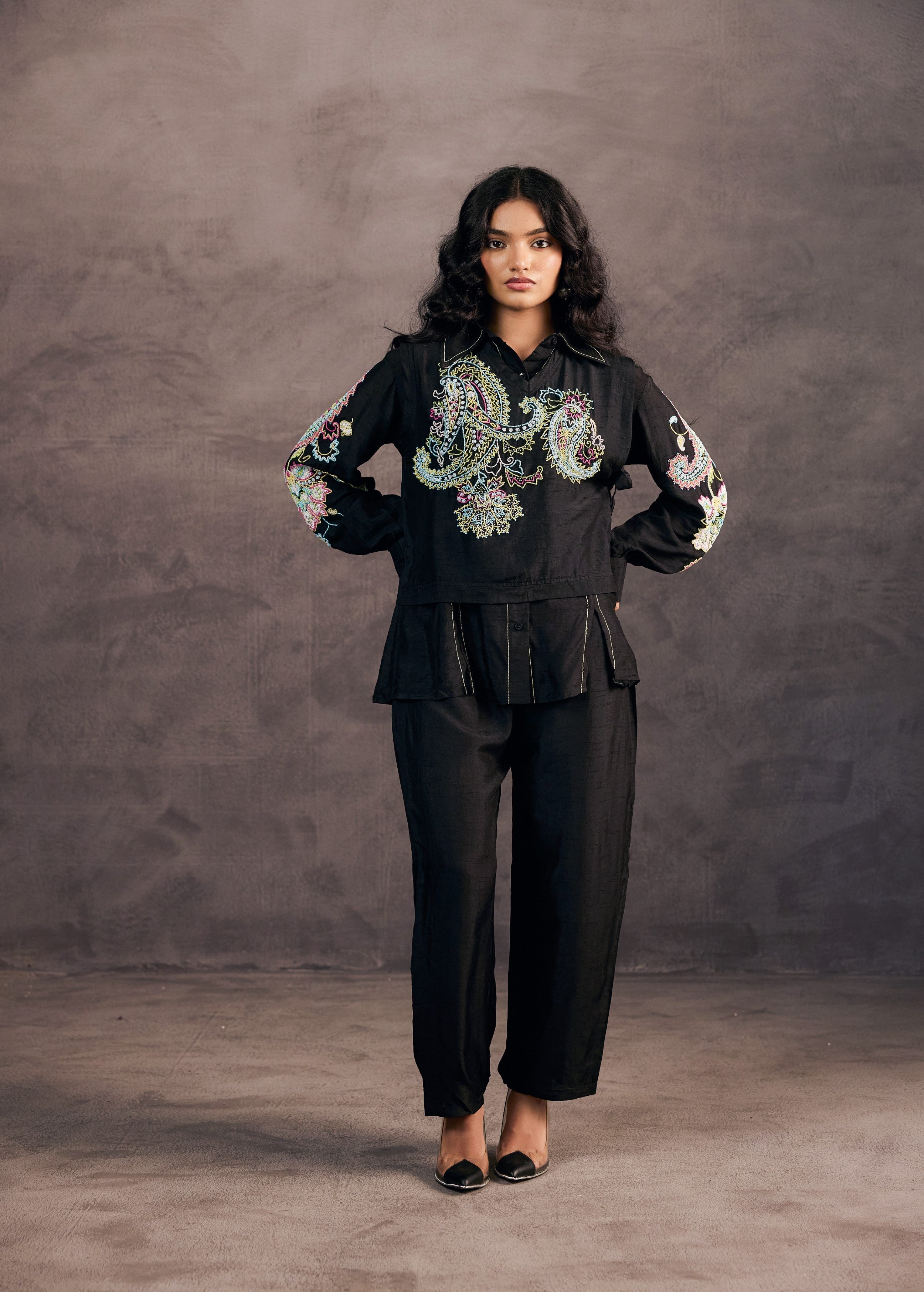 Midnight Black Embroidered Raw Silk Co-Ord Set