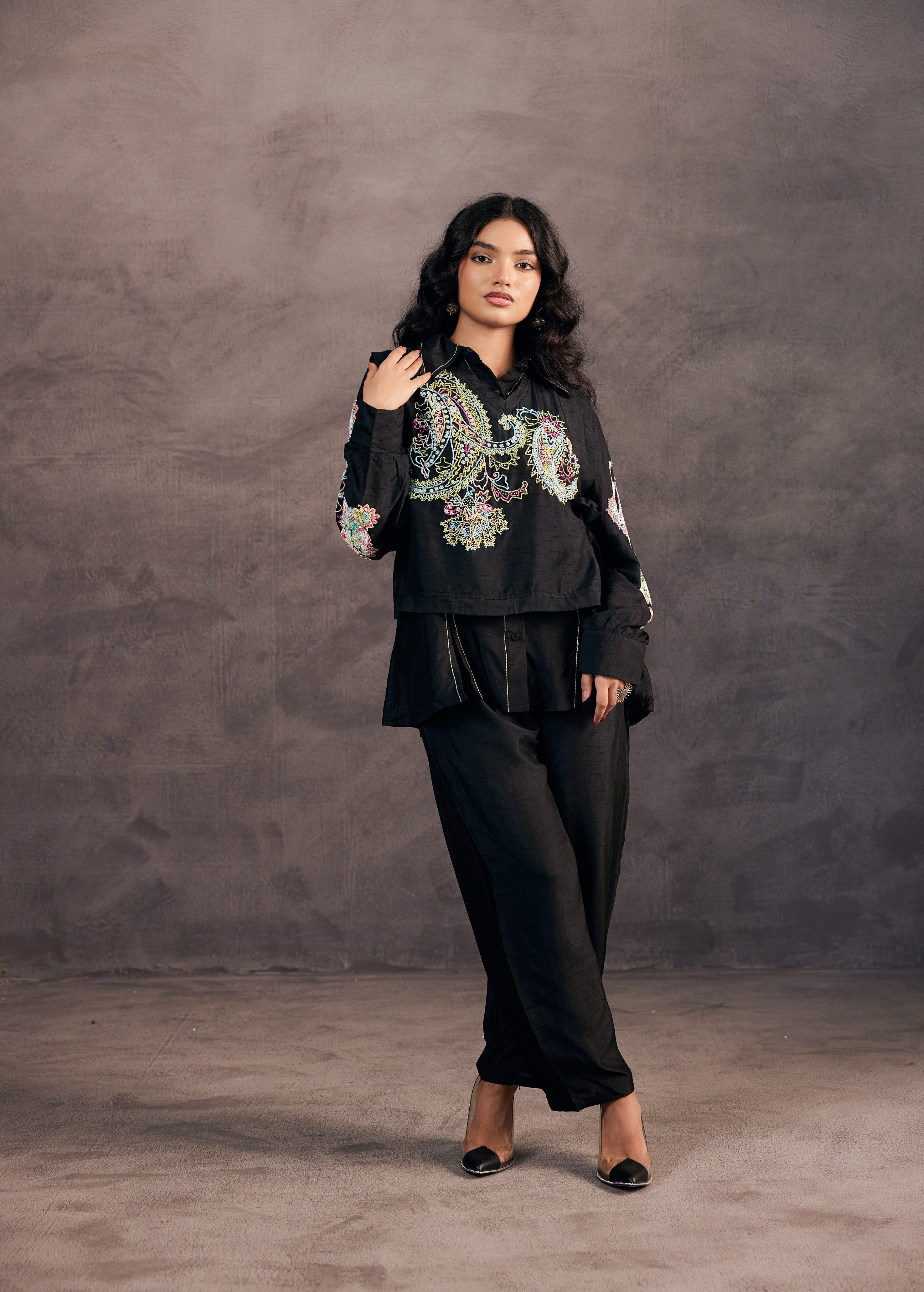 Midnight Black Embroidered Raw Silk Co-Ord Set
