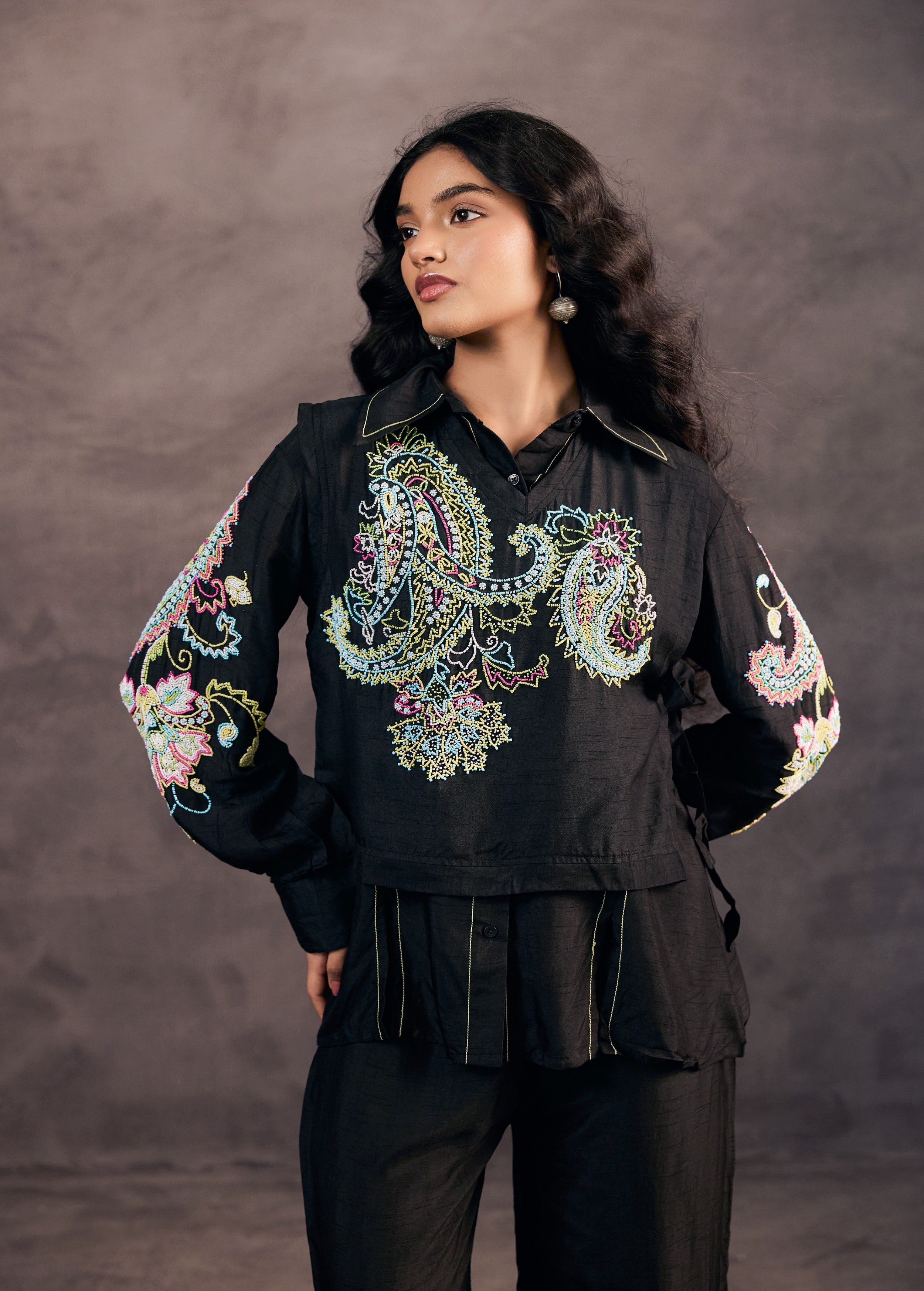 Midnight Black Embroidered Raw Silk Co-Ord Set