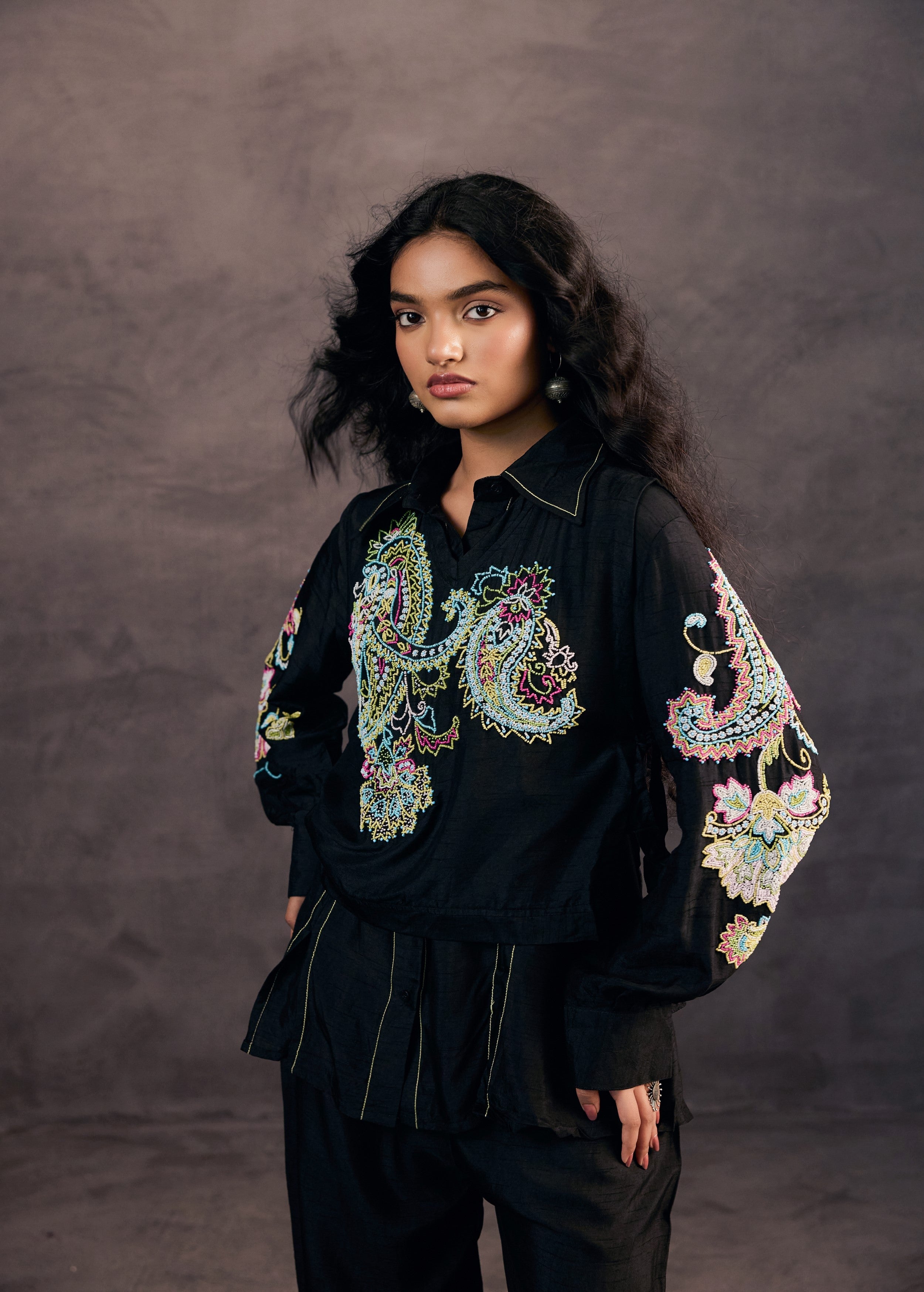 Midnight Black Embroidered Raw Silk Co-Ord Set