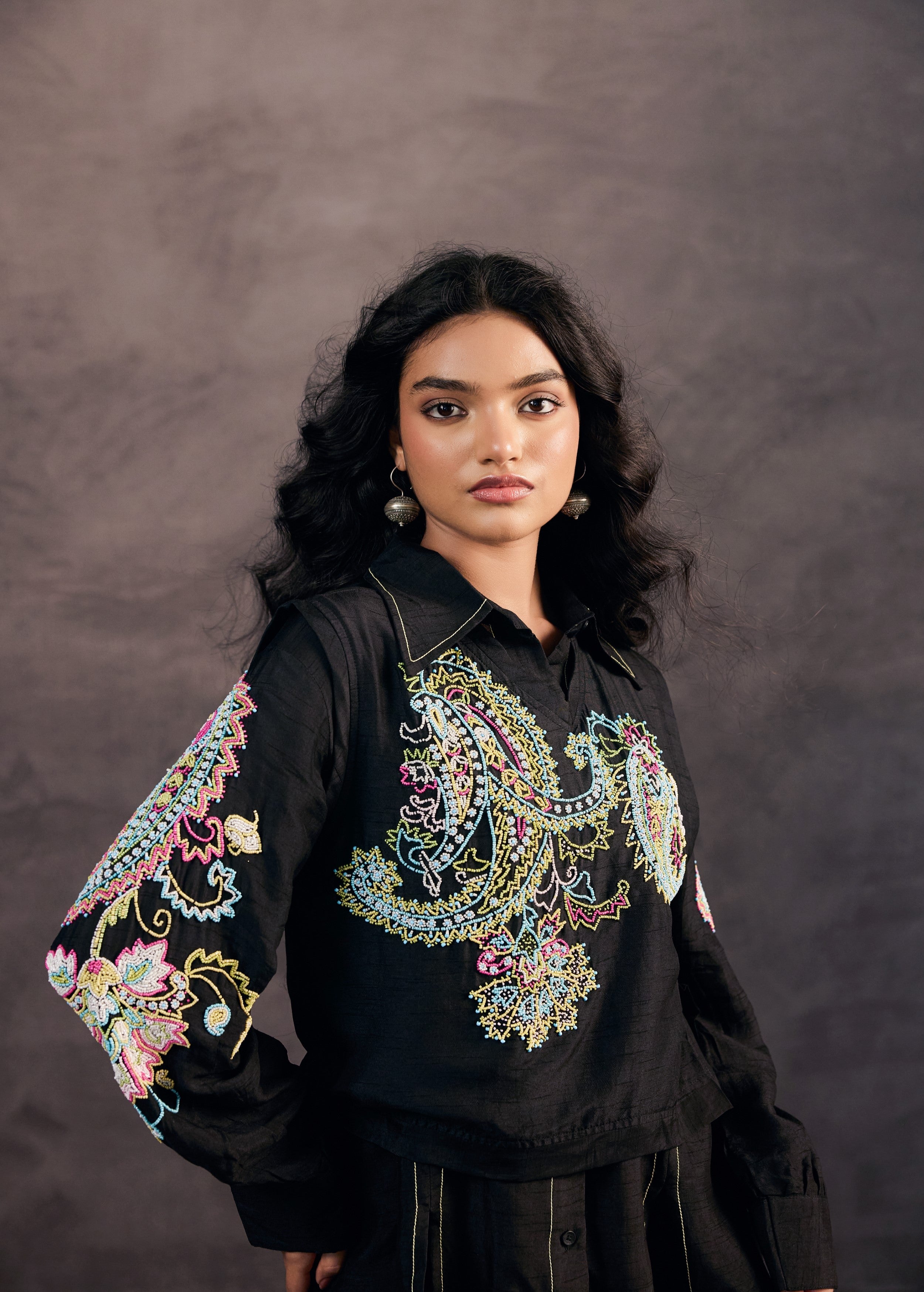 Midnight Black Embroidered Raw Silk Co-Ord Set