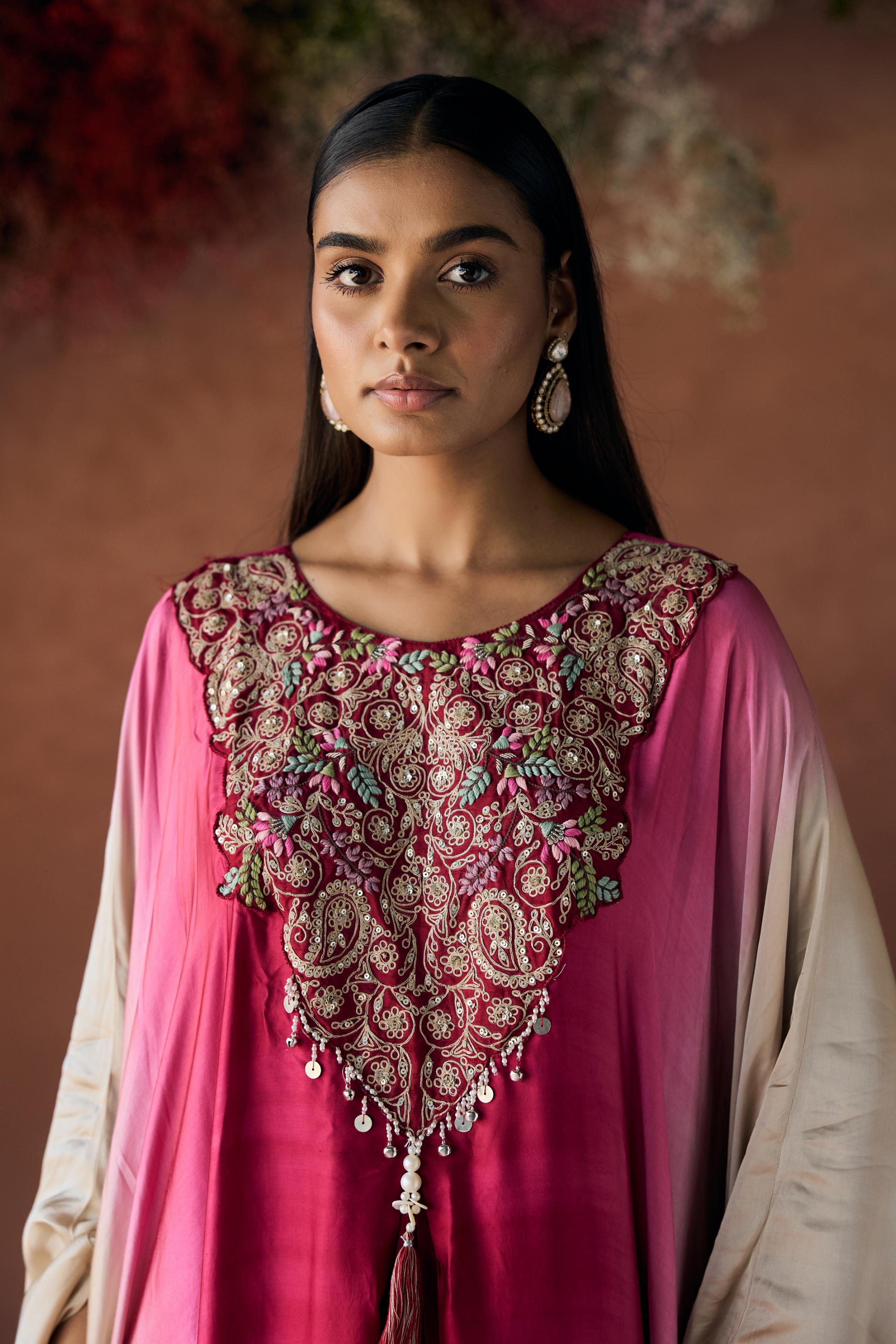 Dark Pink Embellished Satin Silk Kaftan Set