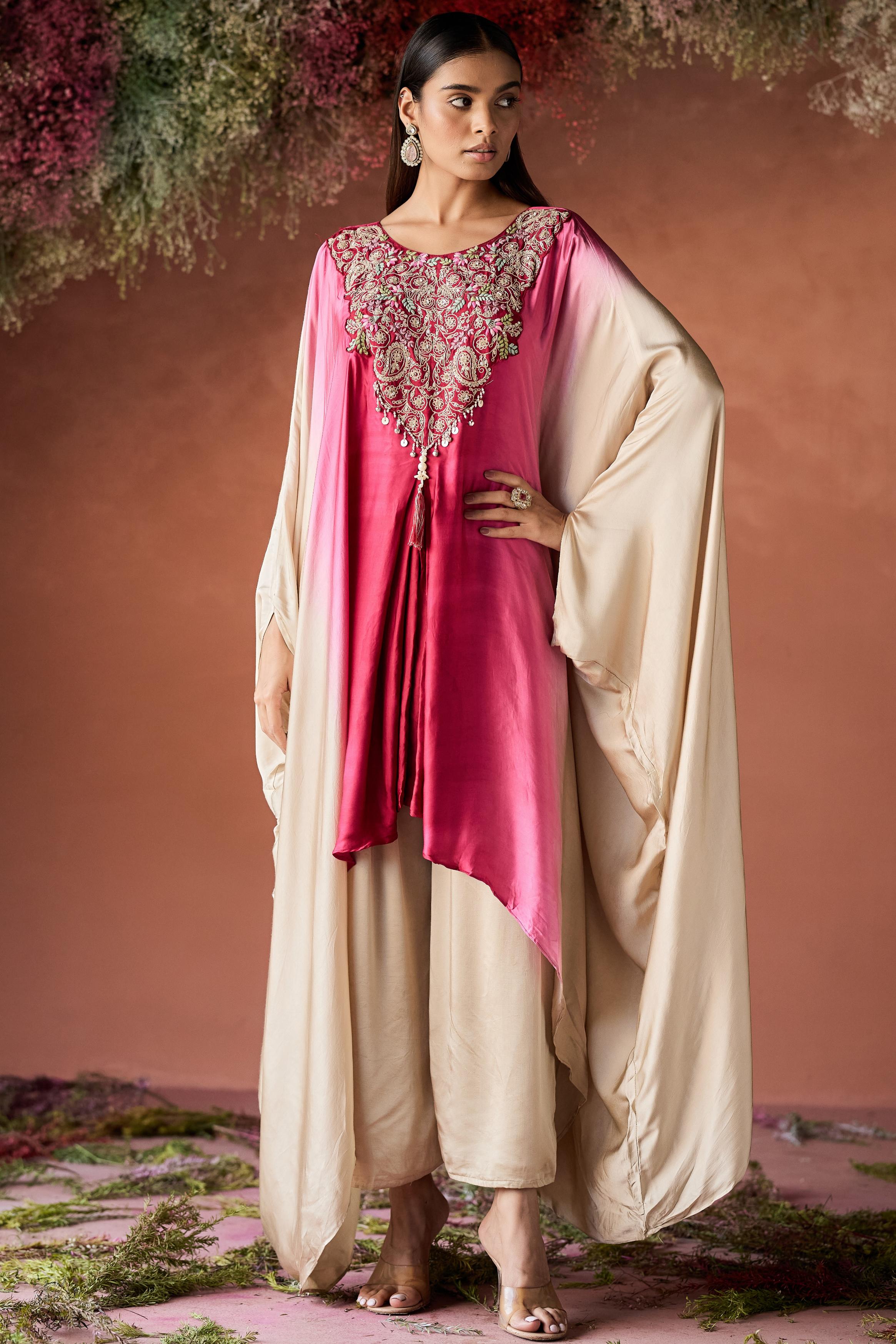Dark Pink Embellished Satin Silk Kaftan Set