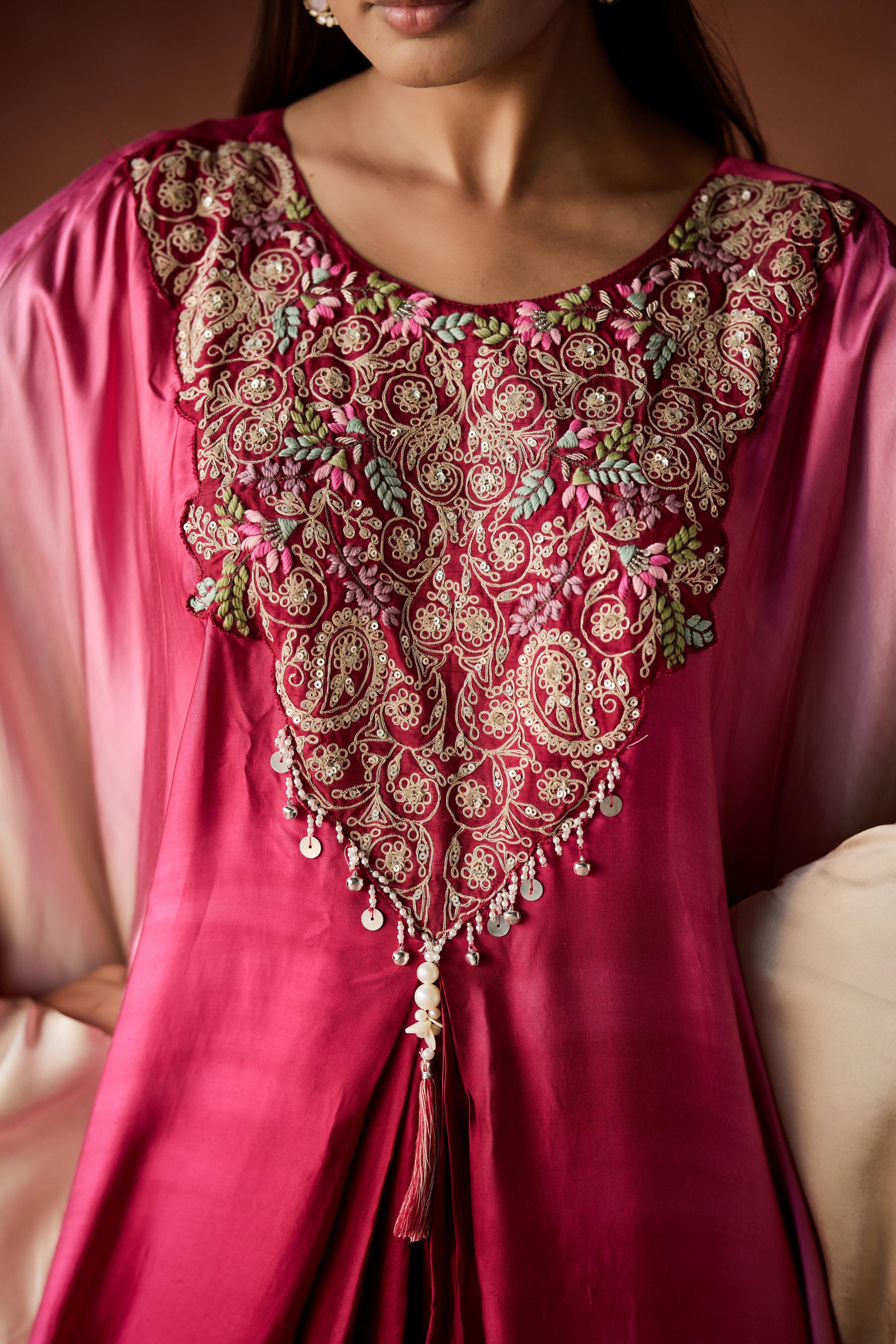 Dark Pink Embellished Satin Silk Kaftan Set