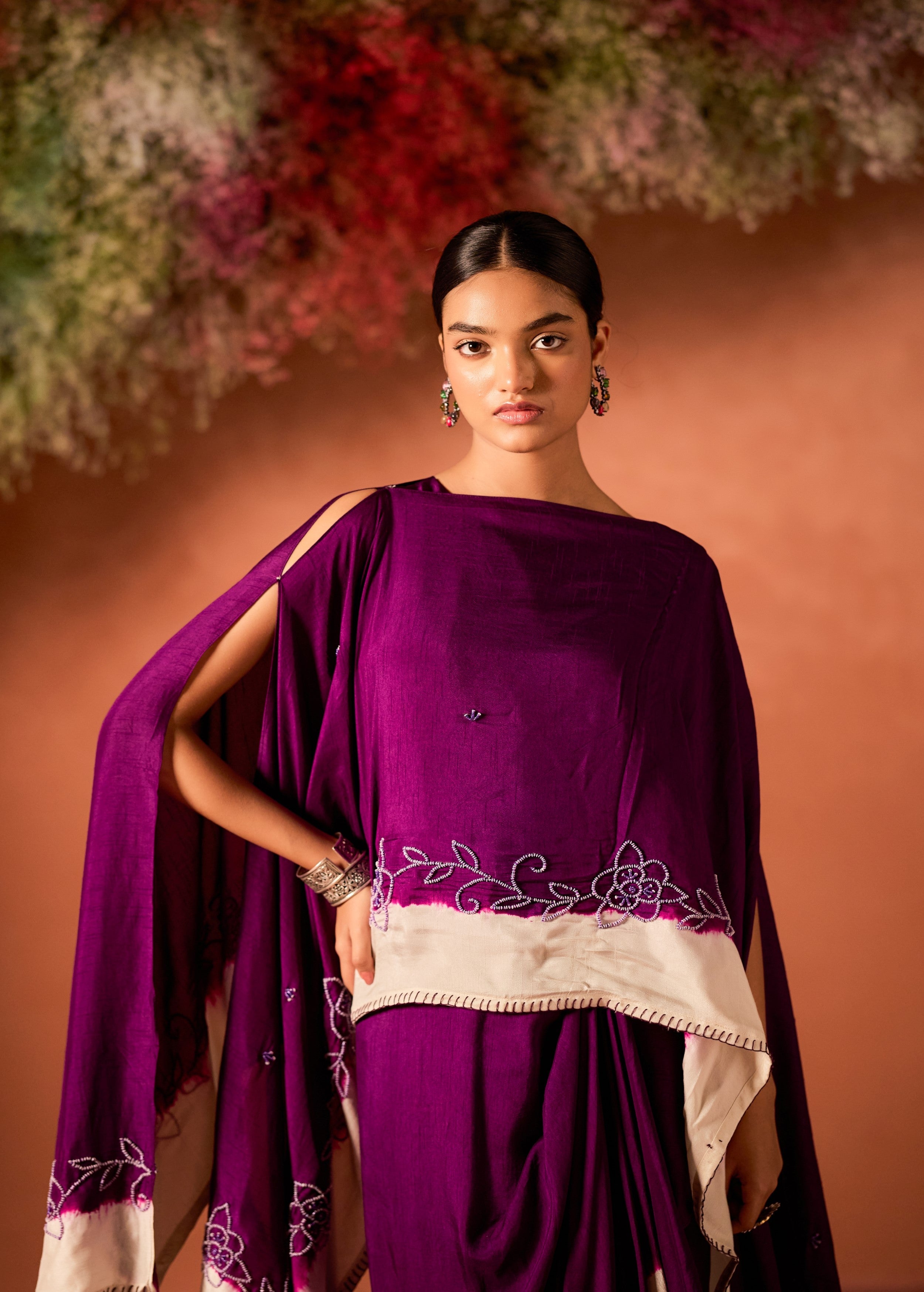 Purple Embellished Raw Silk Gown Set