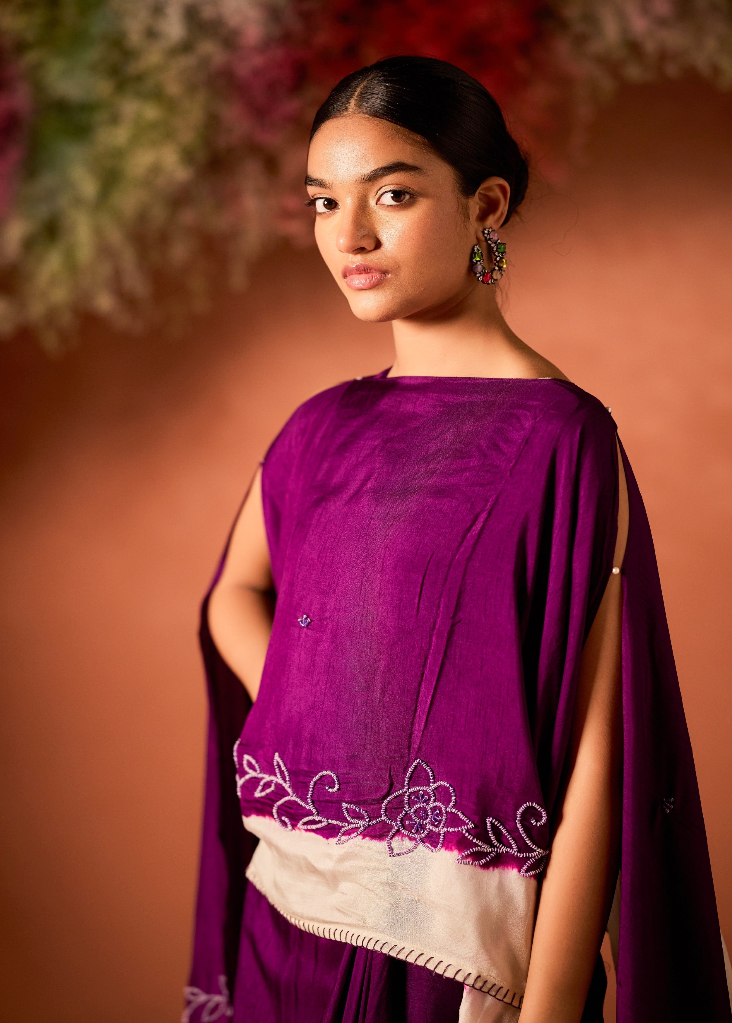 Purple Embellished Raw Silk Gown Set