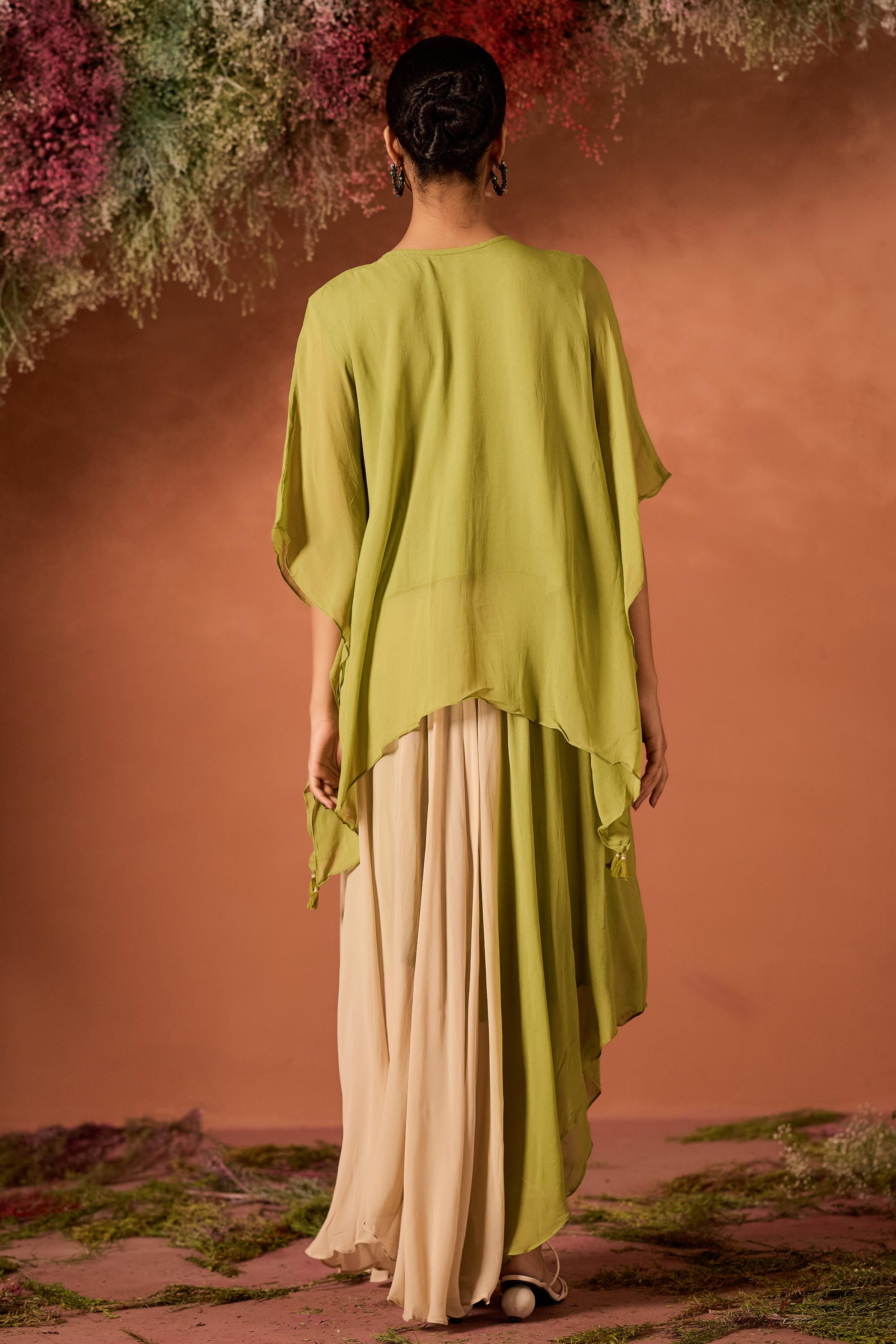 Lime Green Embellished Georgette Silk Kaftan Set