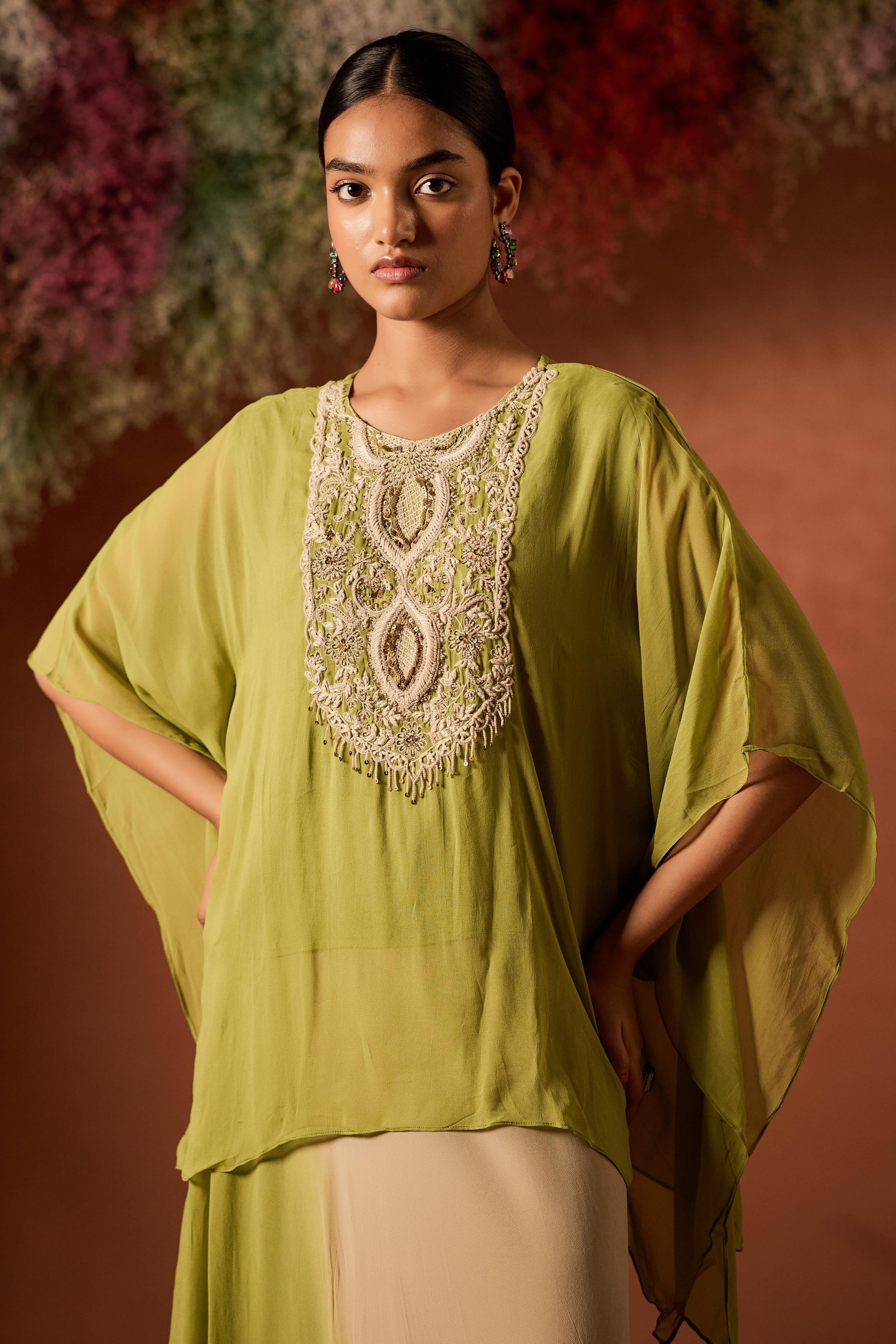 Lime Green Embellished Georgette Silk Kaftan Set