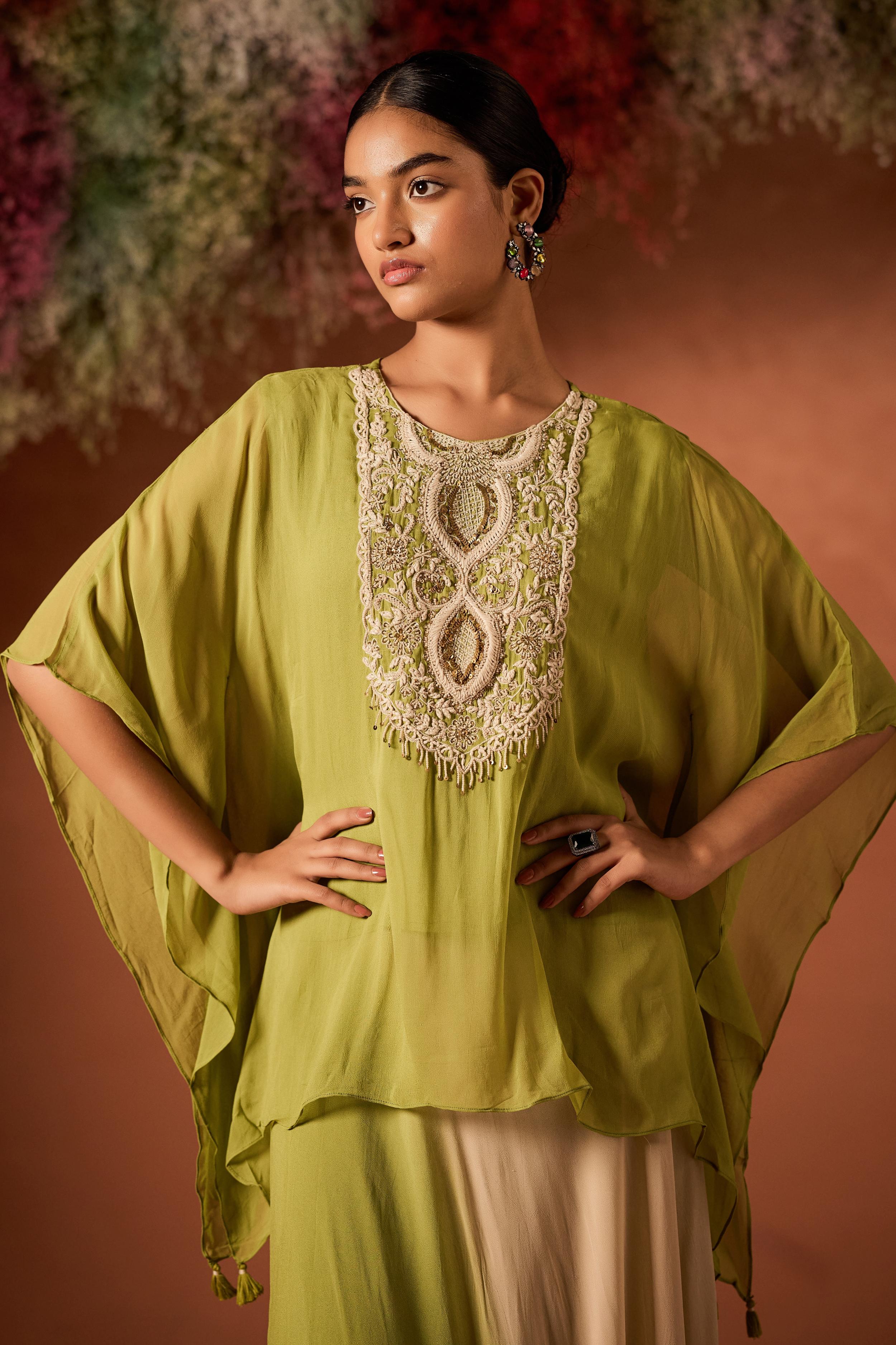 Lime Green Embellished Georgette Silk Kaftan Set