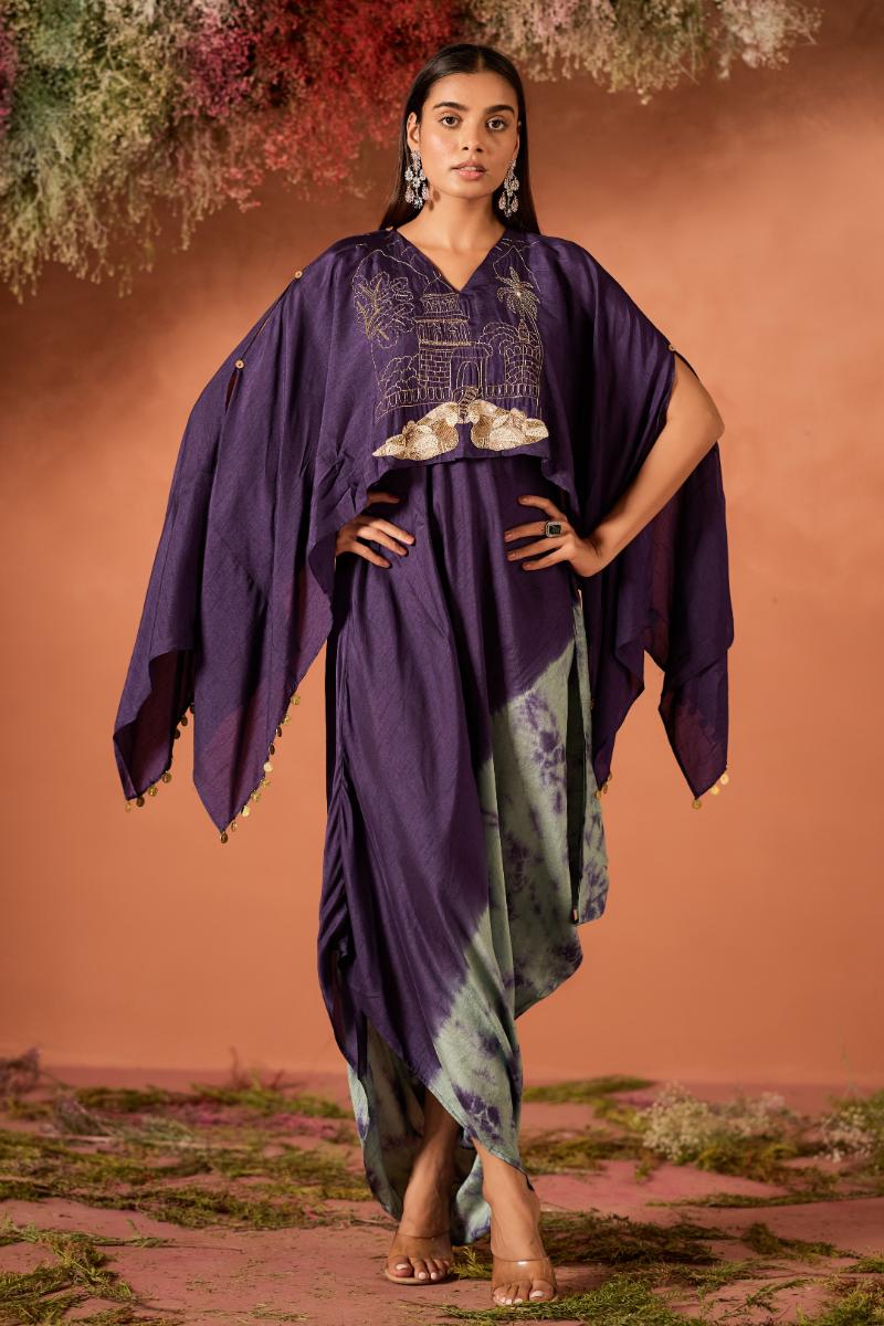 Royal Purple Embellished Raw Silk Kaftan Set
