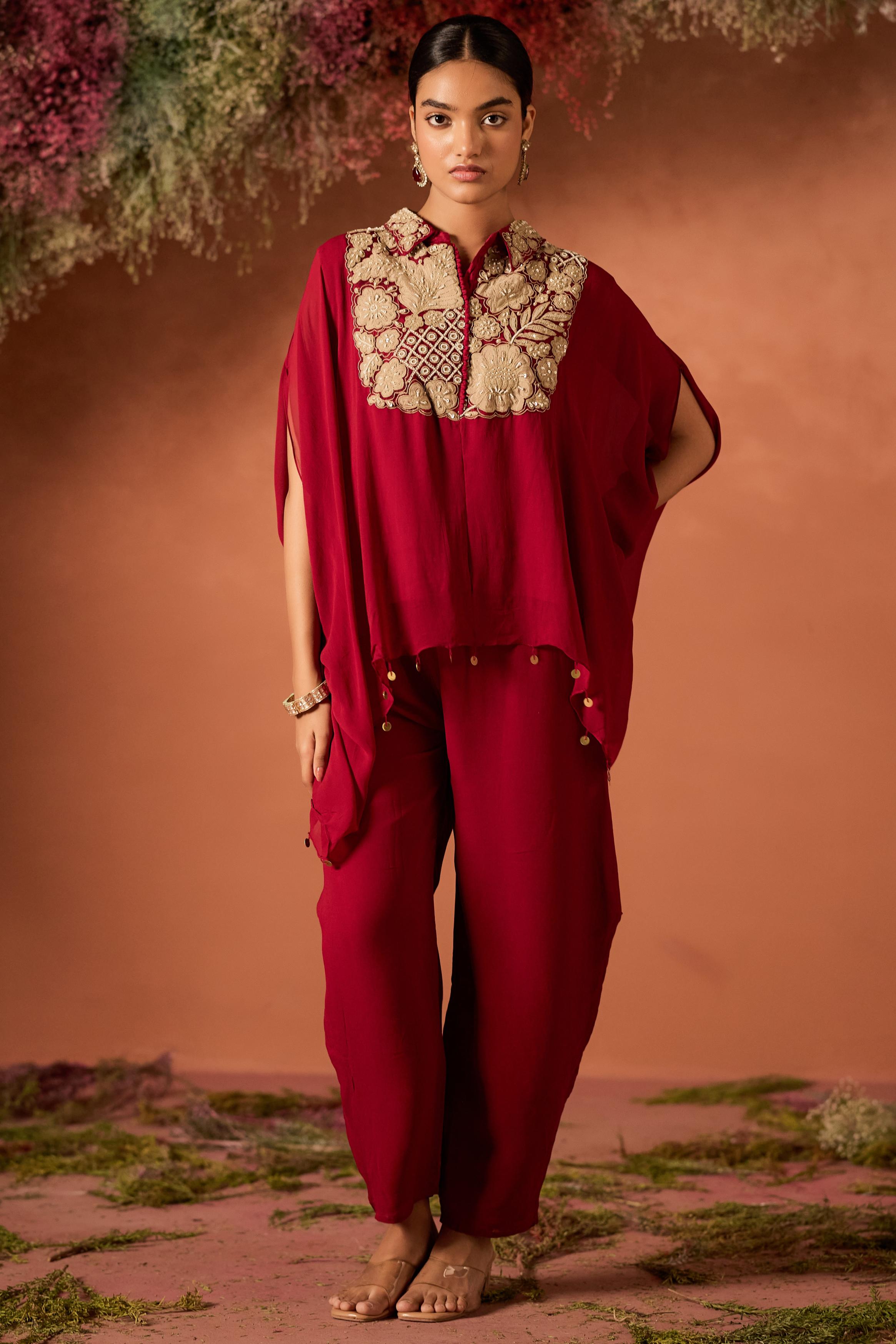 Maroon Red Embellished Georgette Silk Kaftan Set