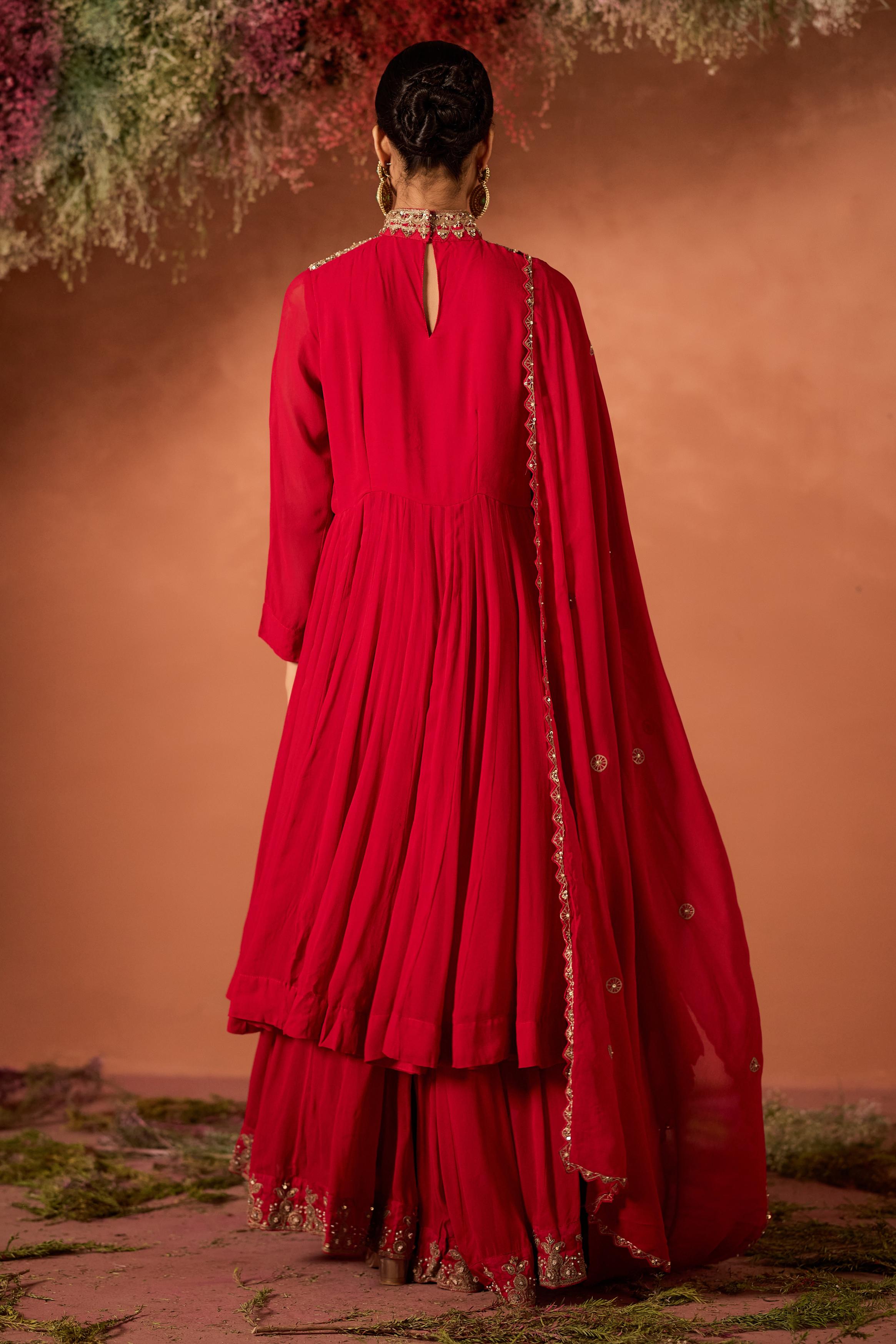 Hot Red Embellished Georgette Silk Sharara Set