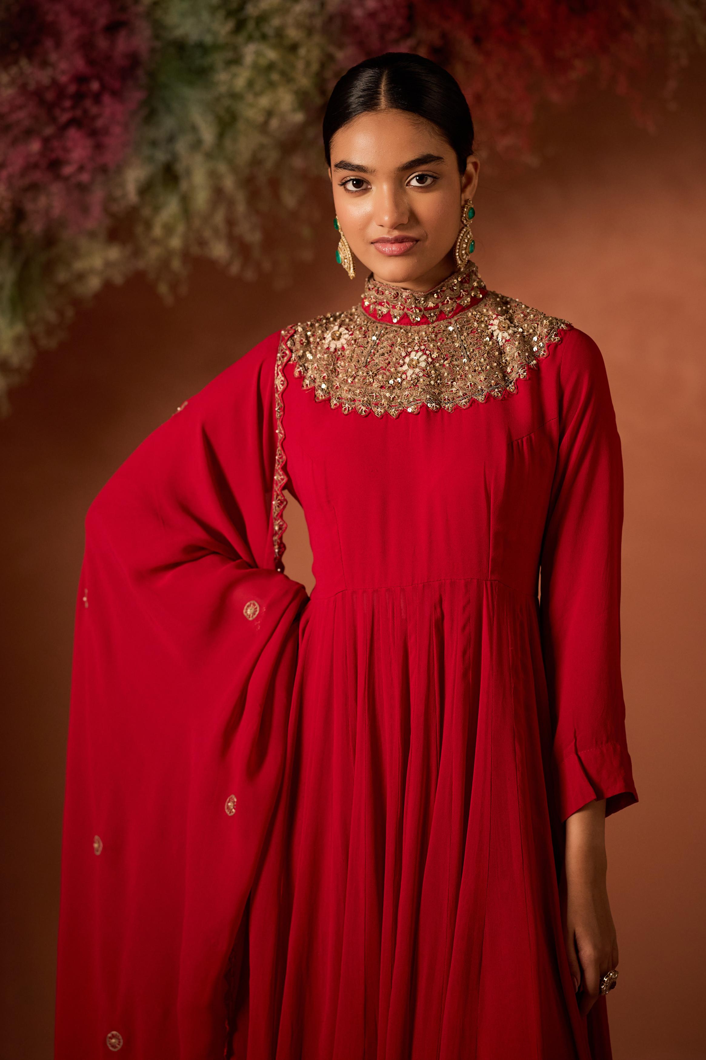 Hot Red Embellished Georgette Silk Sharara Set
