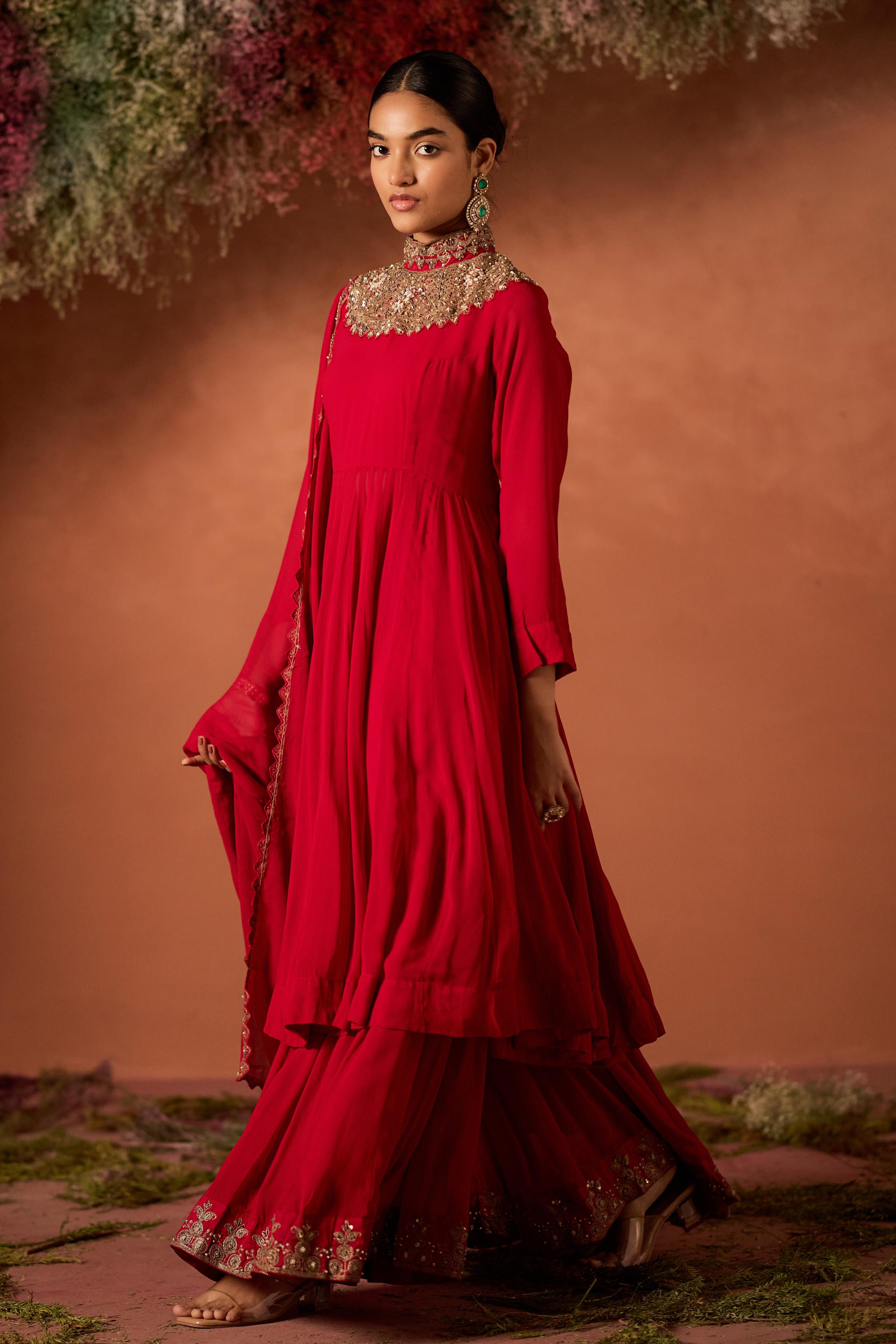 Hot Red Embellished Georgette Silk Sharara Set