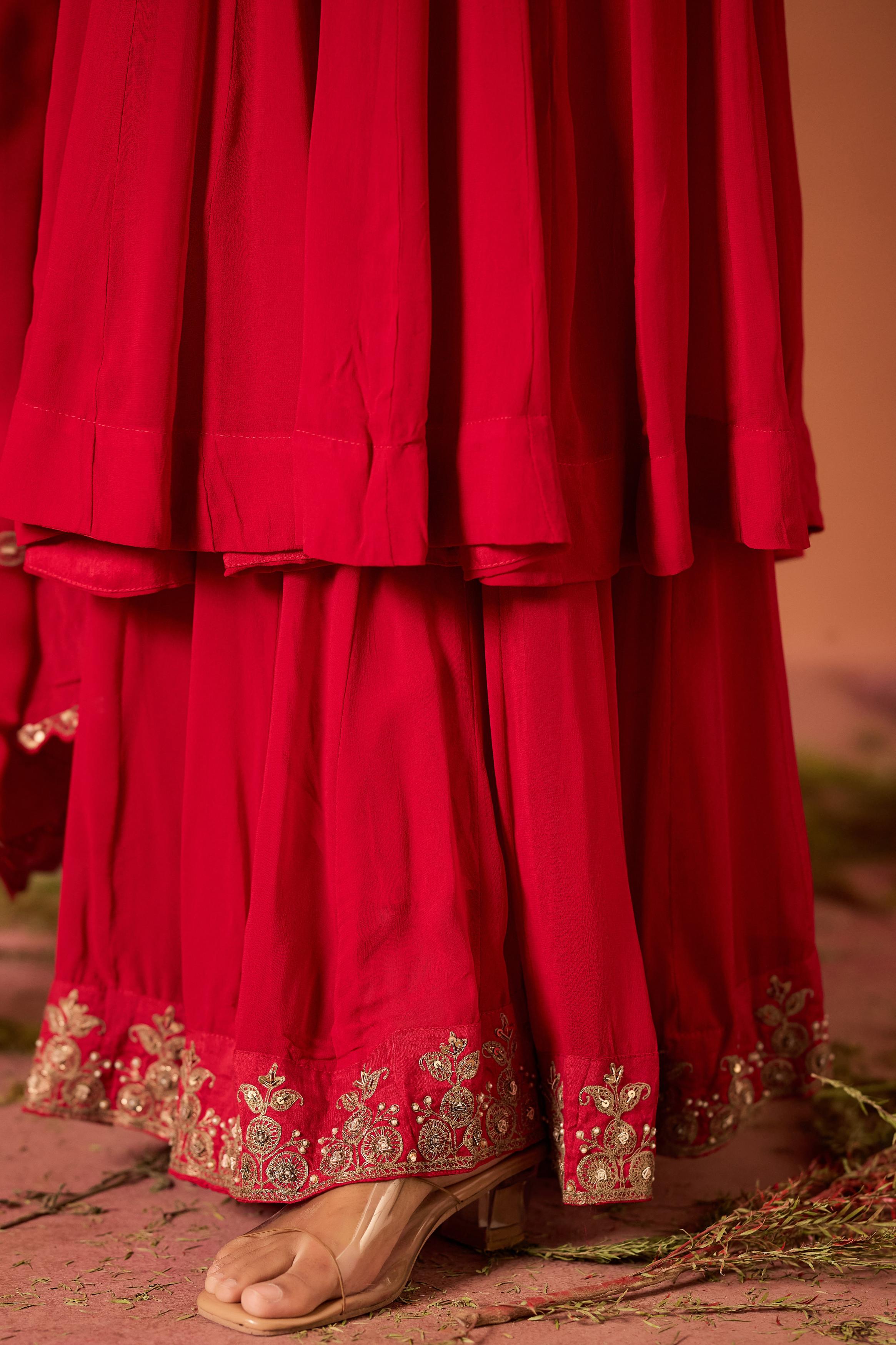 Hot Red Embellished Georgette Silk Sharara Set